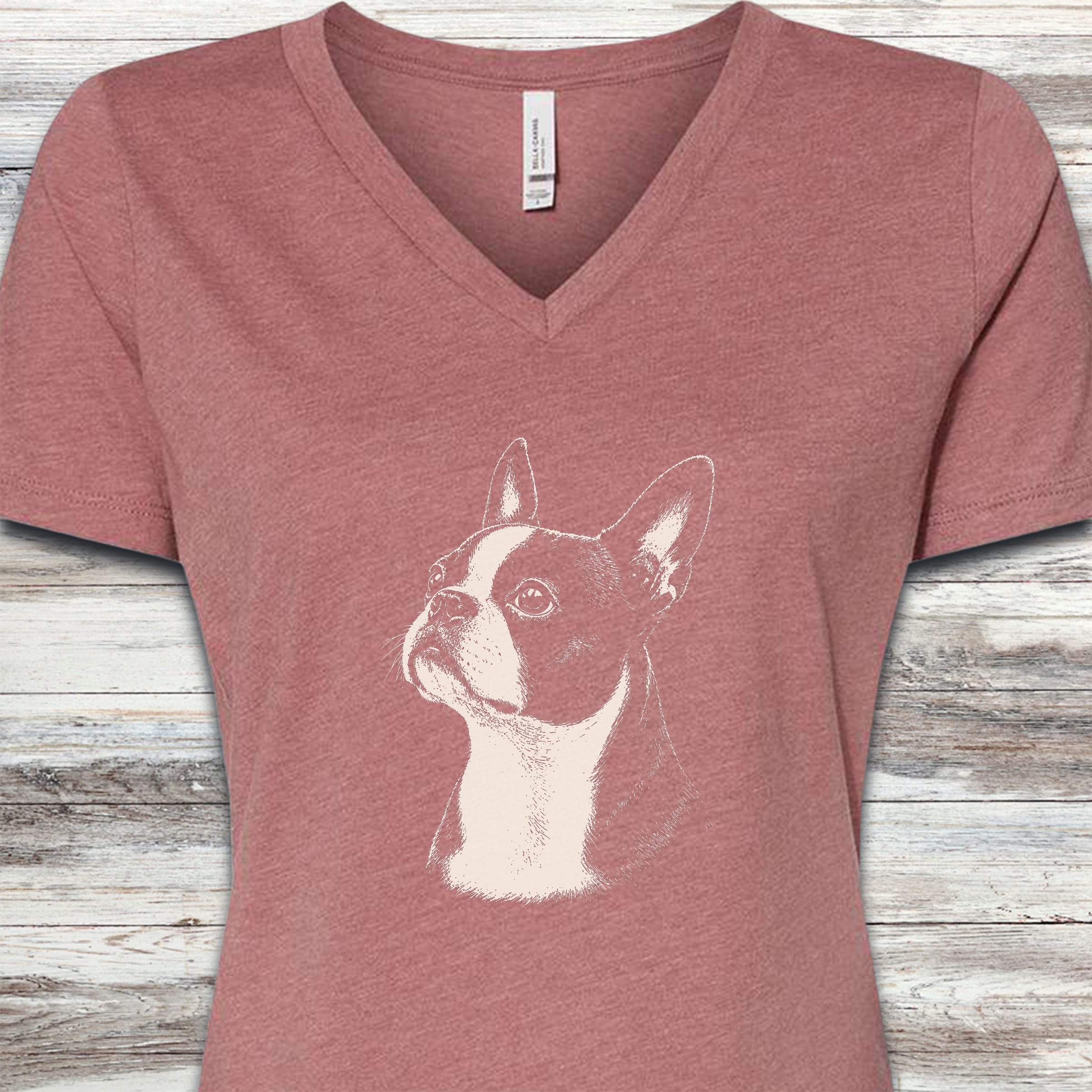 Boston Terrier Loyalty V-Neck Tee - Heather Mauve