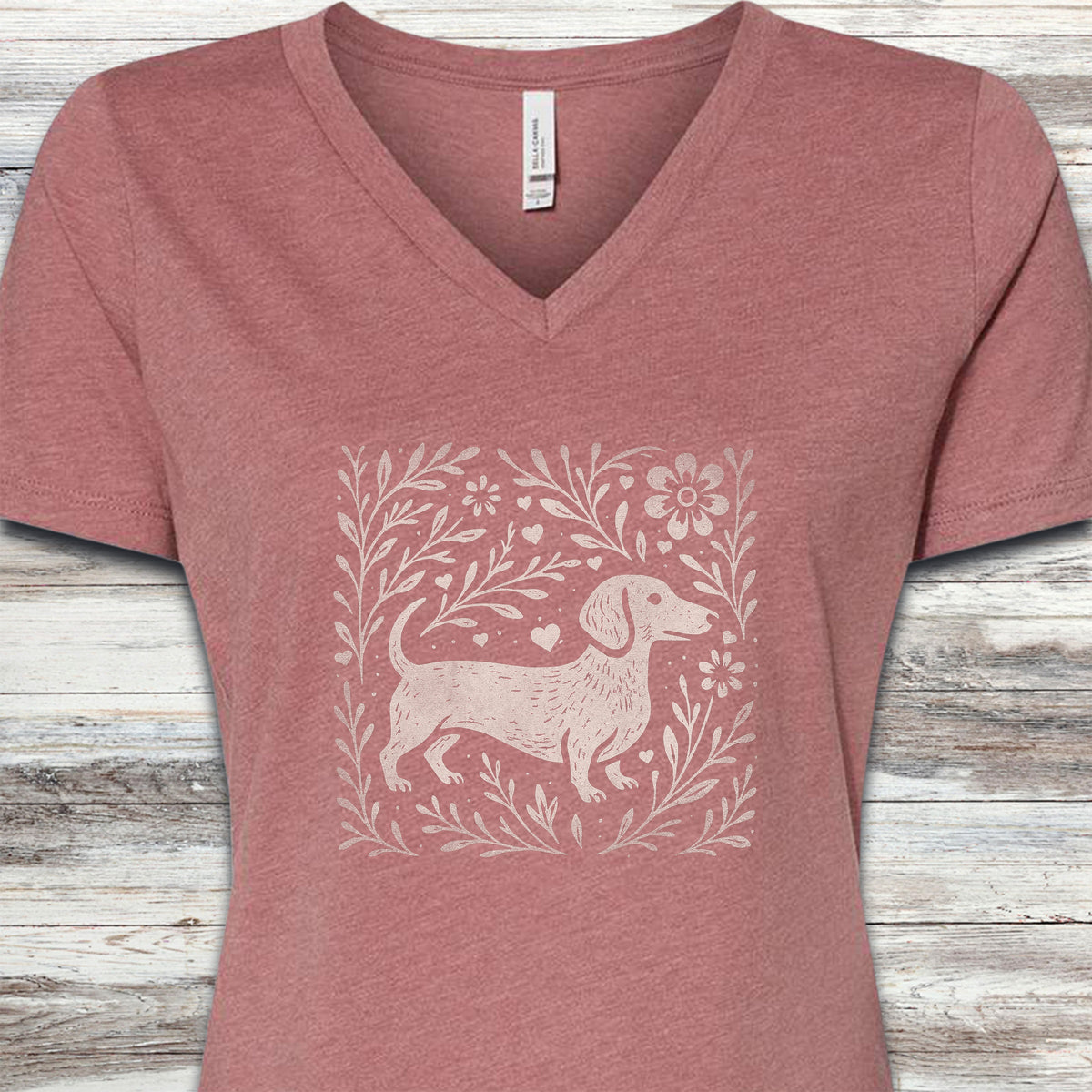 Dachshund Linocut V-Neck Tee - Heather Mauve