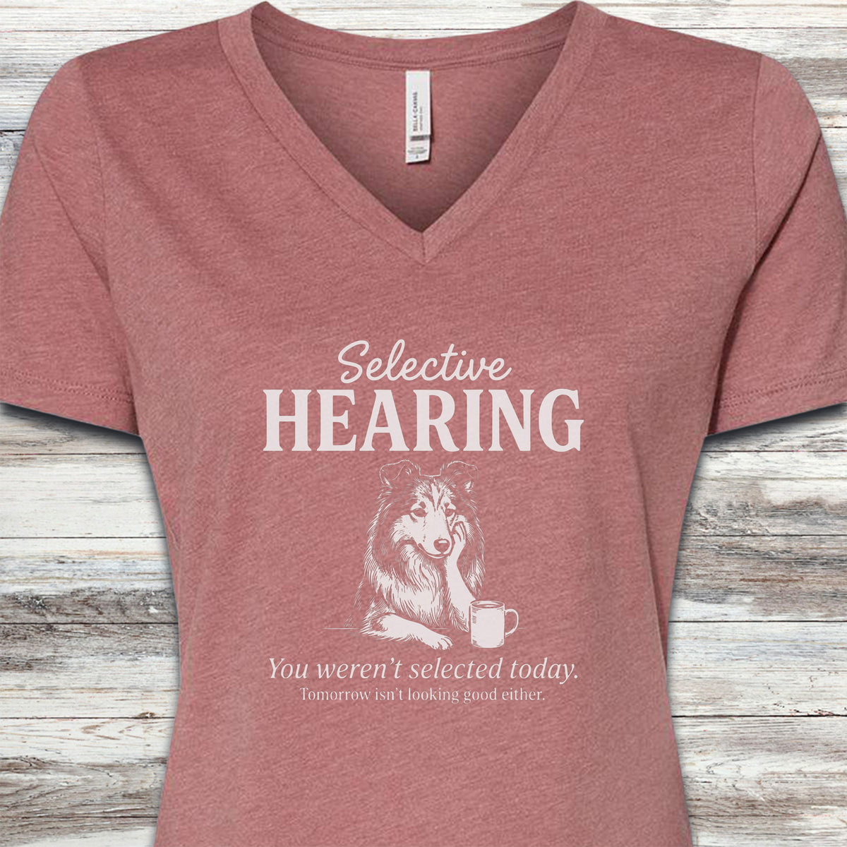 Rough Collie Selective Hearing V-Neck Tee - Heather Mauve