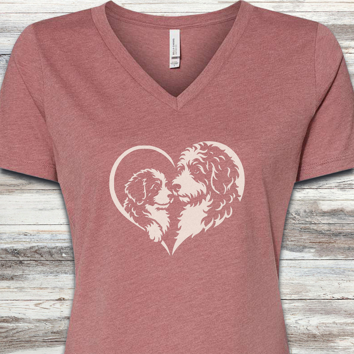 Bernedoodle Heart Bond V-Neck Tee - Heather Mauve