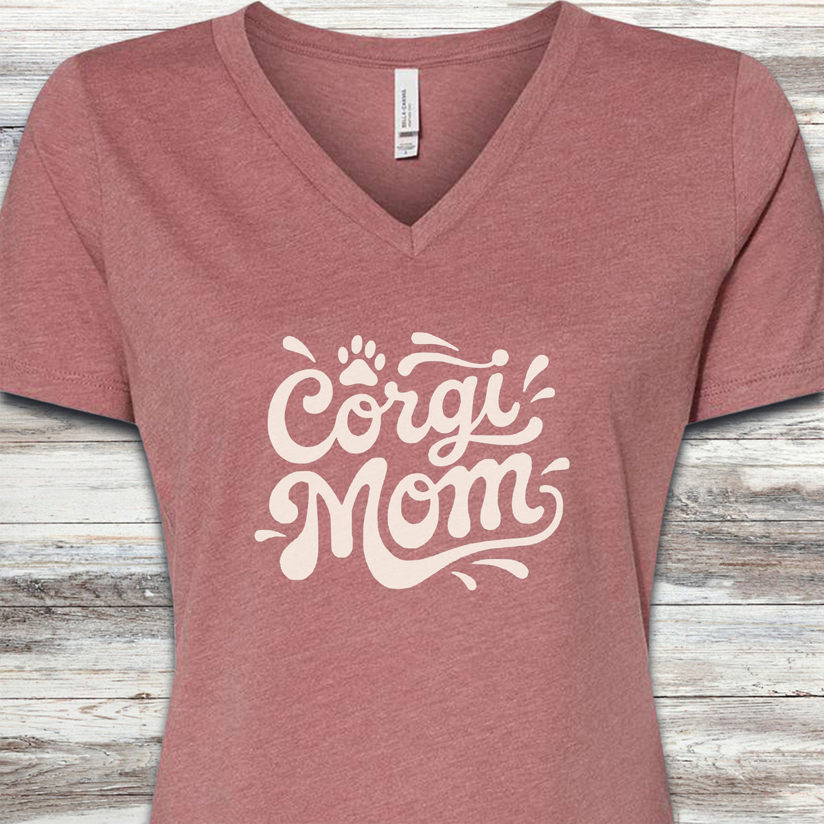 Corgi Groovy Mom V-Neck Tee - Heather Mauve