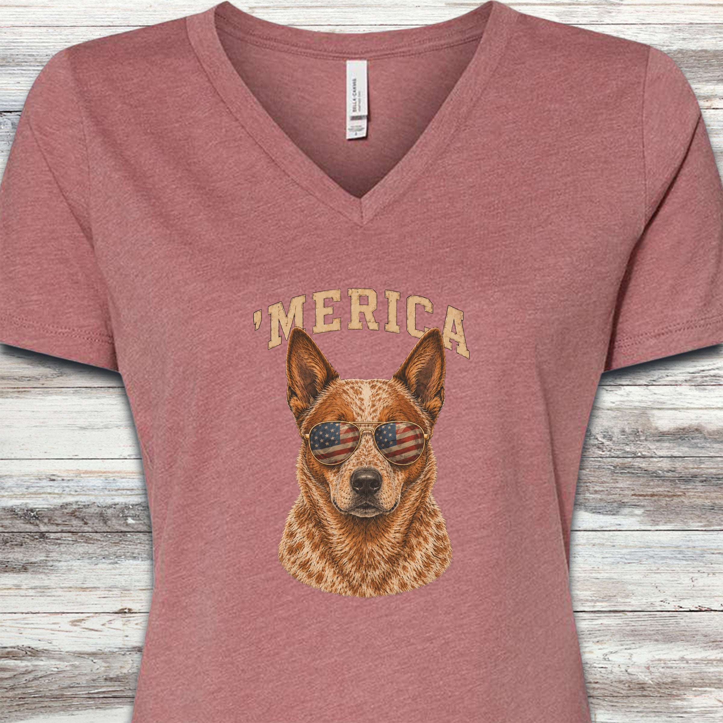 Australian Cattle Dog Red 'Merica V-Neck Tee - Heather Mauve