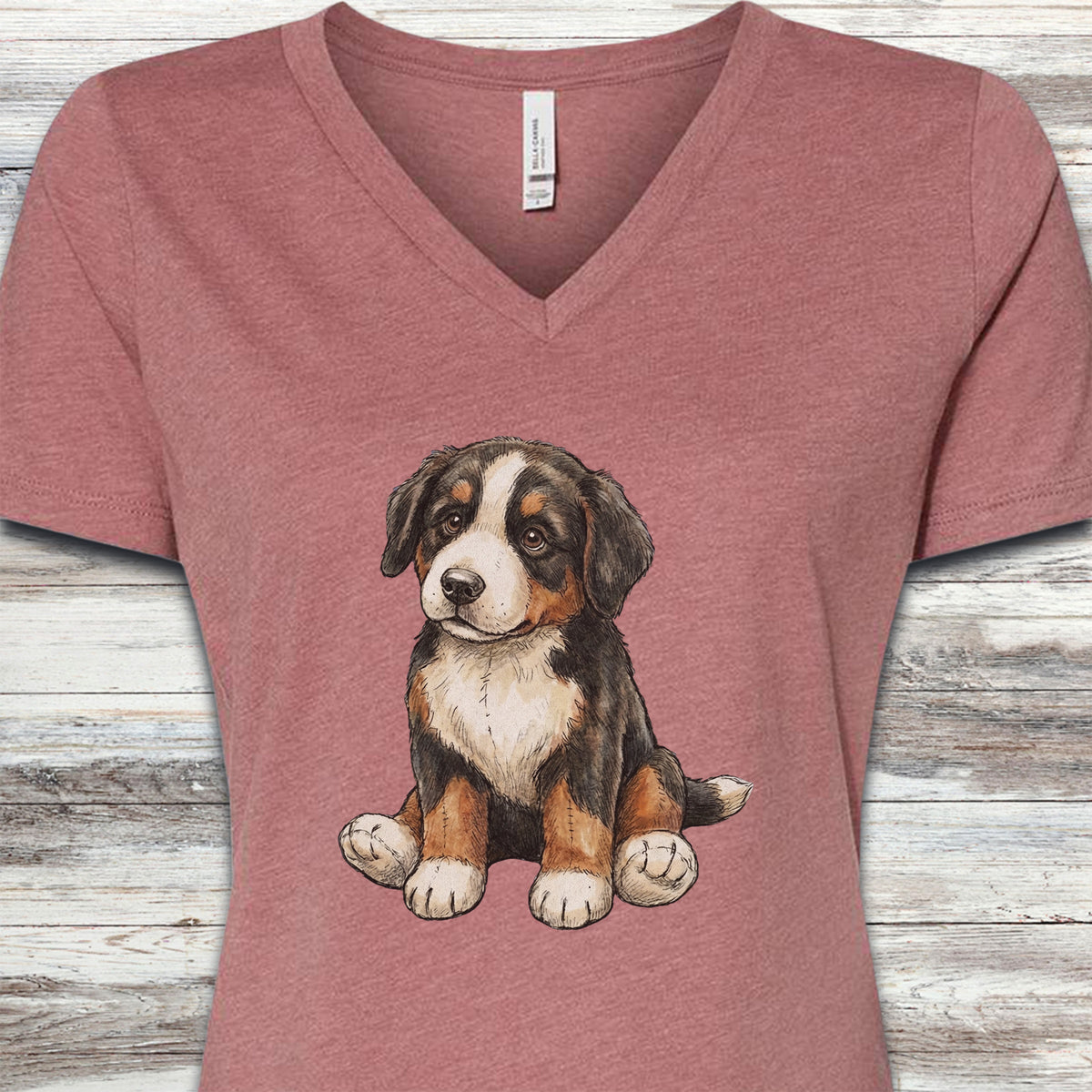 Bernese Mountain Dog Teddy Bear V-Neck Tee - Heather Mauve