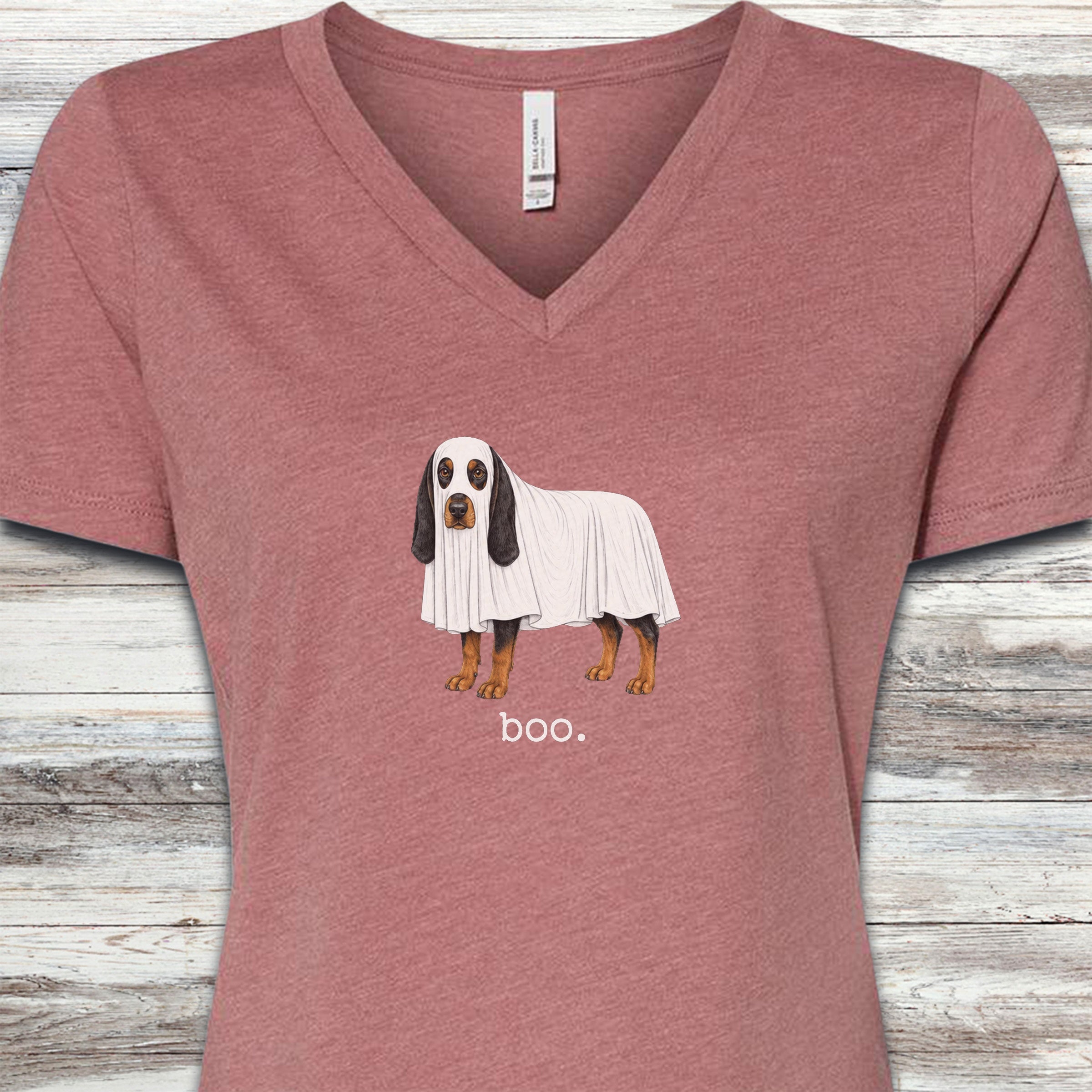 Black and Tan Coonhound Boo V-Neck Tee - Heather Mauve