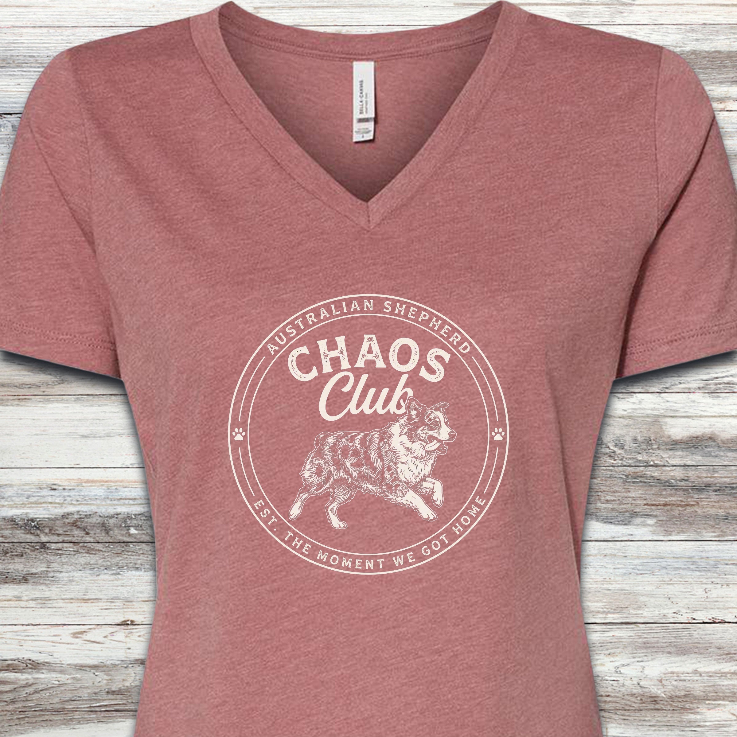 Australian Shepherd Chaos Club V-Neck Tee - Heather Mauve