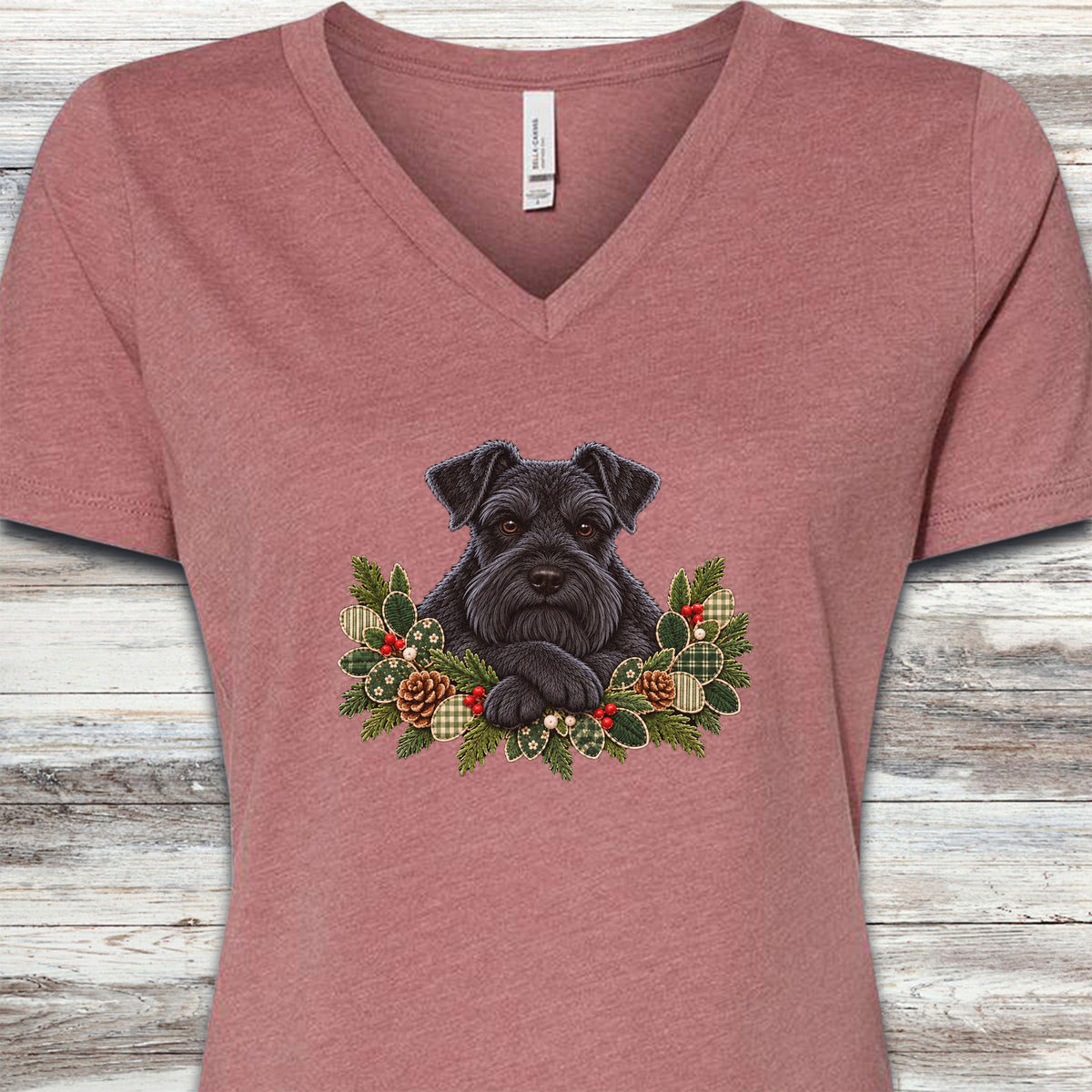 Schnauzer Black Winter Greenery Faux Embroidery V-Neck Tee - Heather Mauve