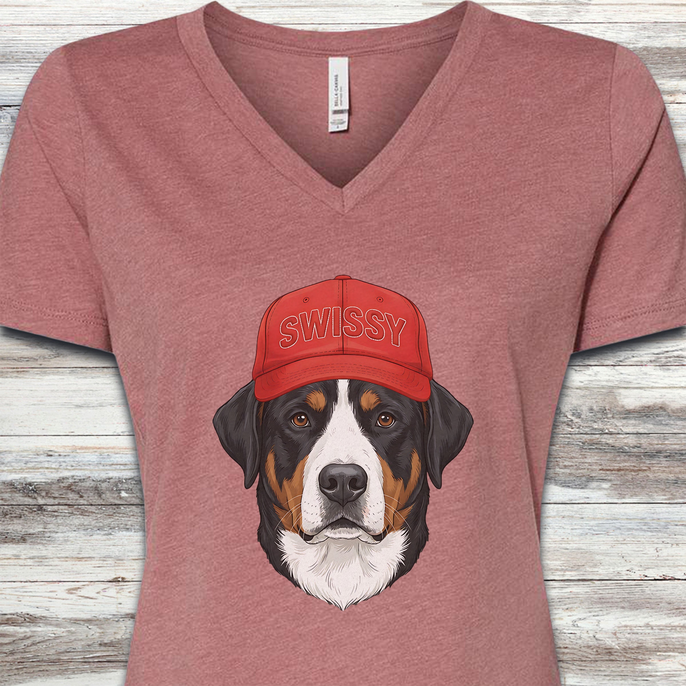 Swiss Mountain Dog Swissy Hat V-Neck Tee - Heather Mauve