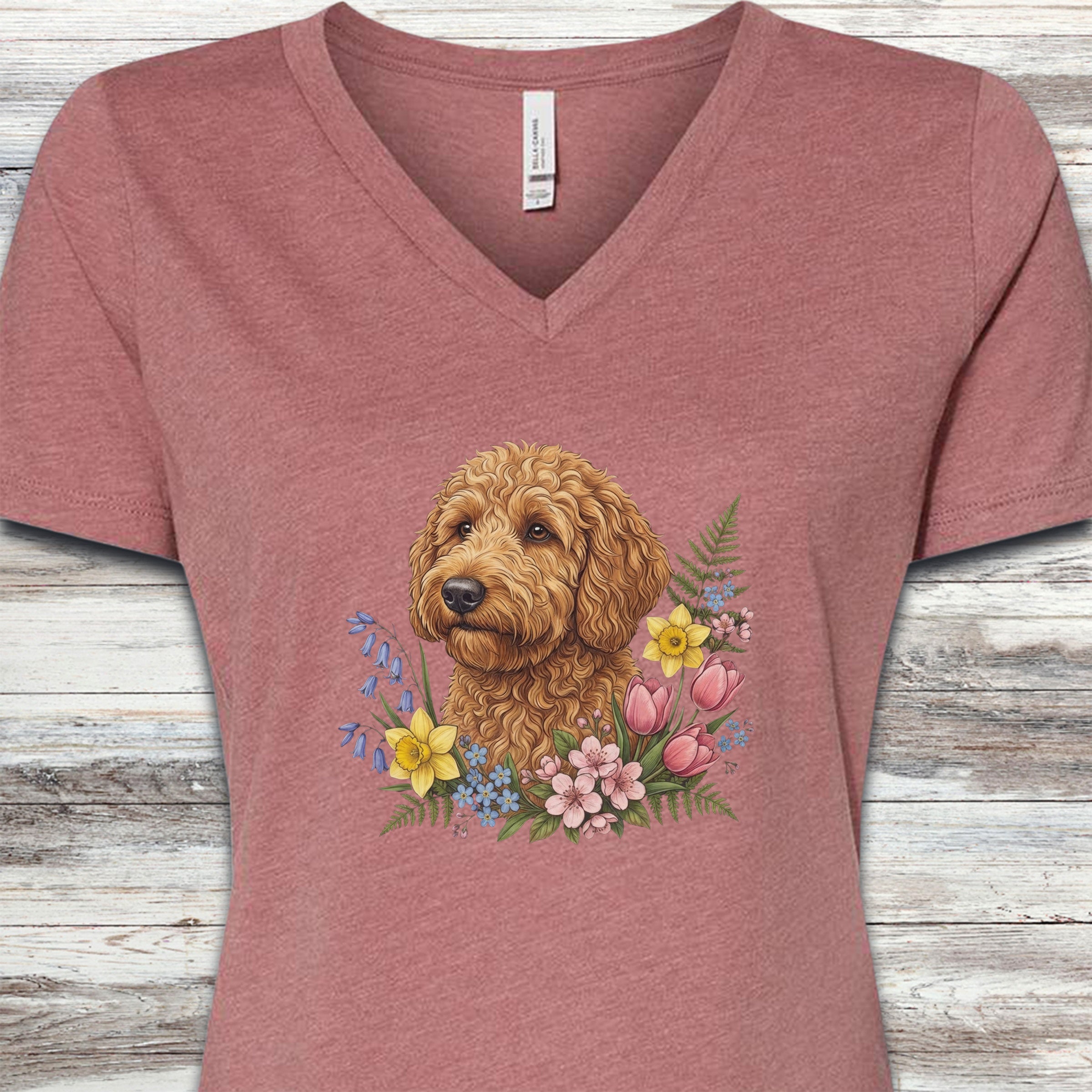 Goldendoodle Spring Portrait V-Neck Tee - Heather Mauve