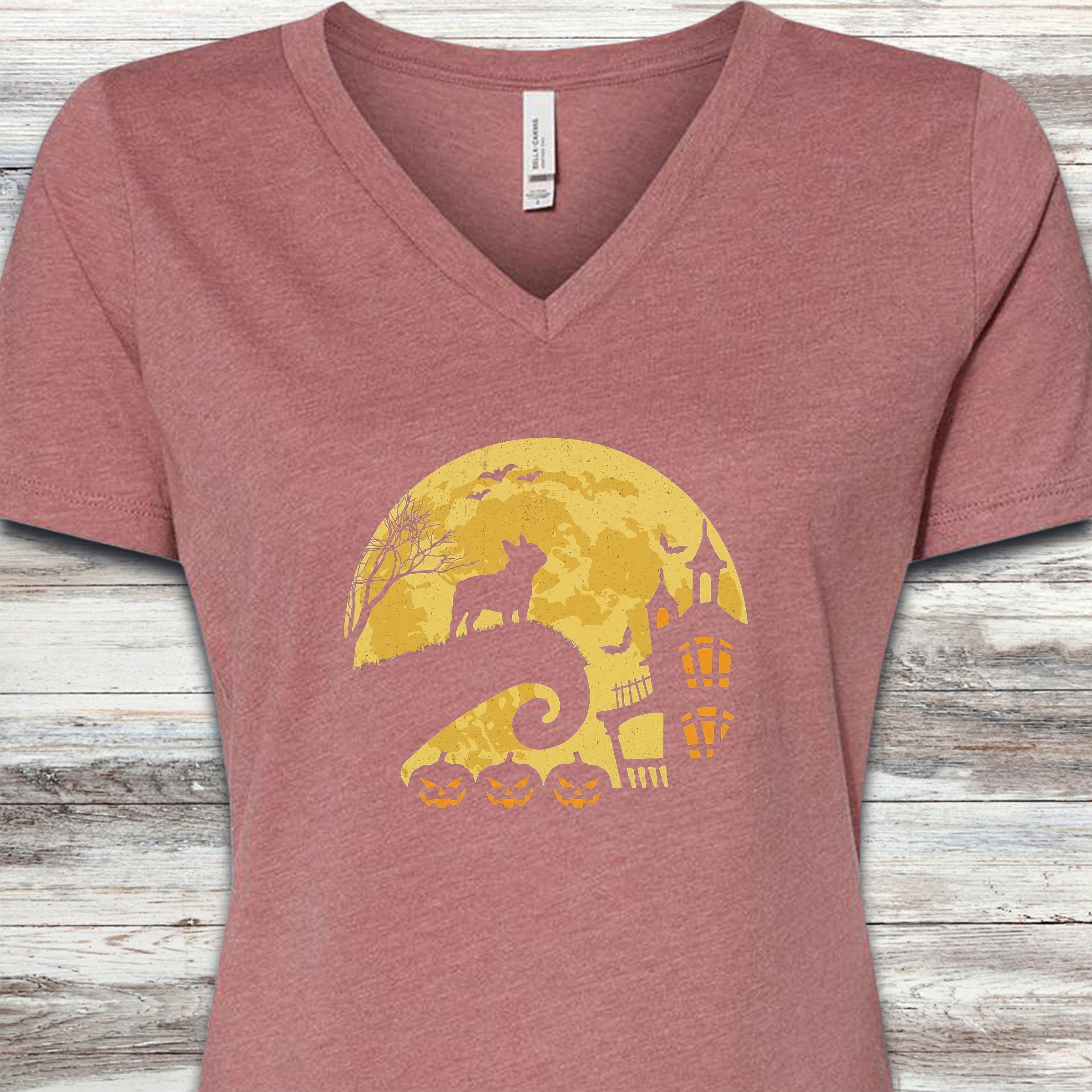 French Bulldog Halloween Moon V-Neck Tee - Heather Mauve
