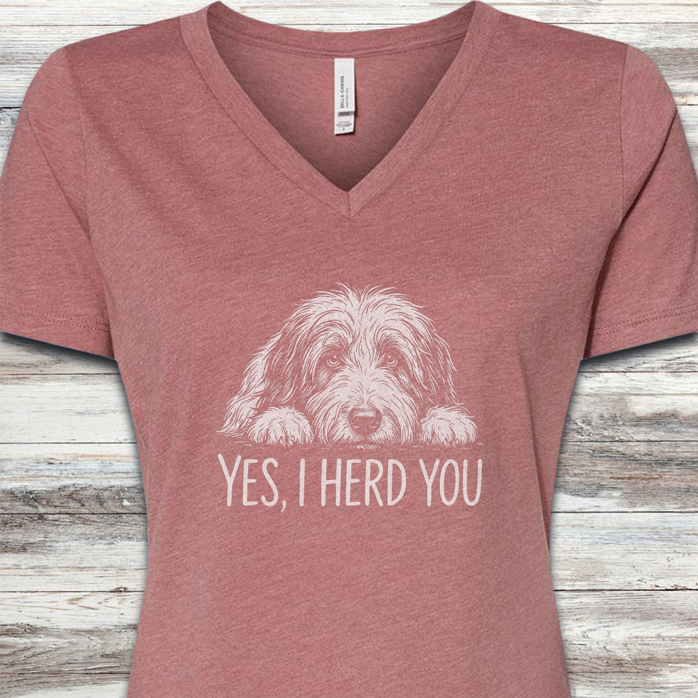 Bearded Collie Herd You V-Neck Tee - Heather Mauve
