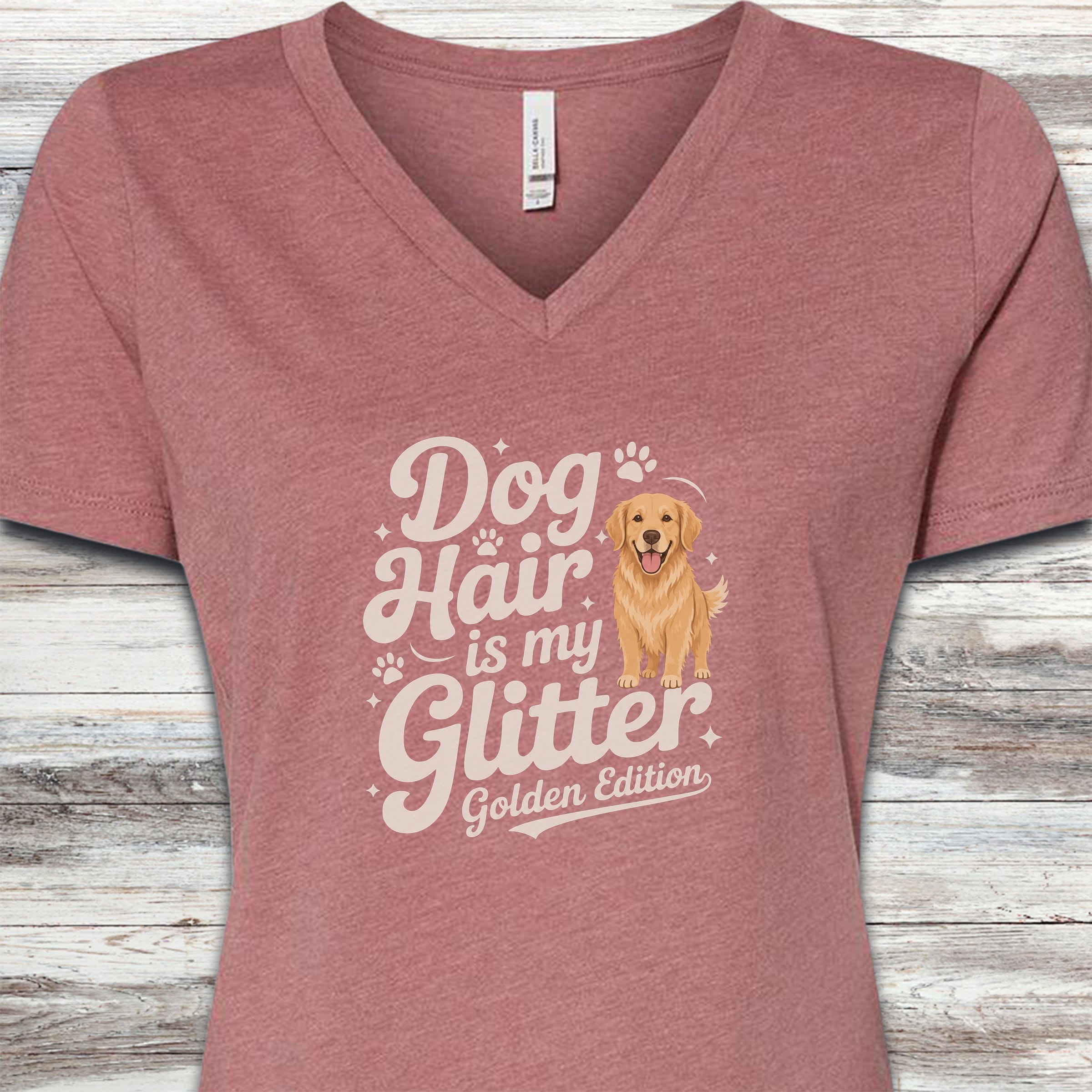 Golden Retriever Glitter V-Neck Tee - Heather Mauve