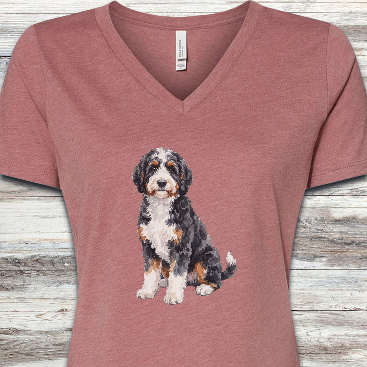 Bernedoodle Watercolor V-Neck Tee - Heather Mauve