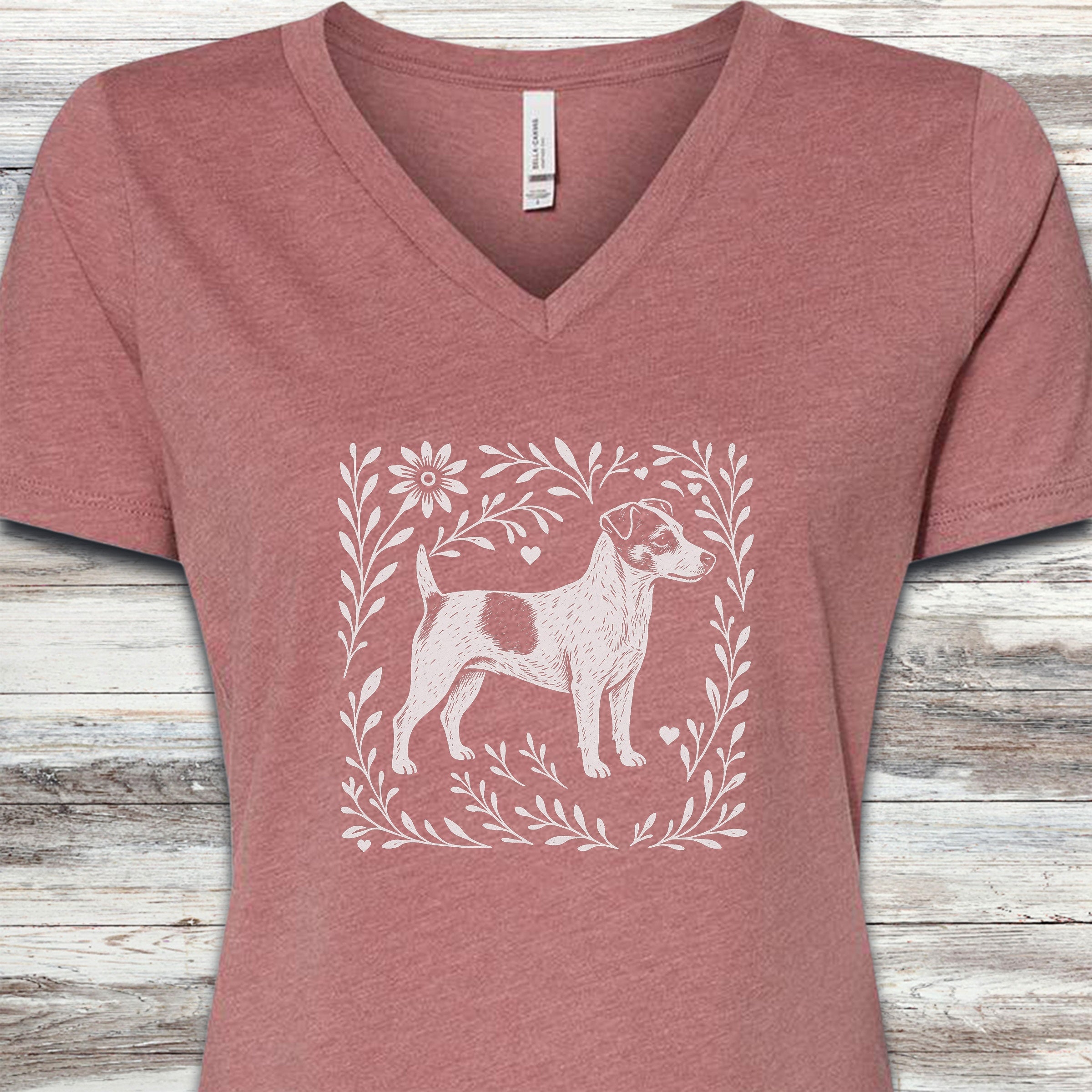 Jack Russell Linocut V-Neck Tee - Heather Mauve
