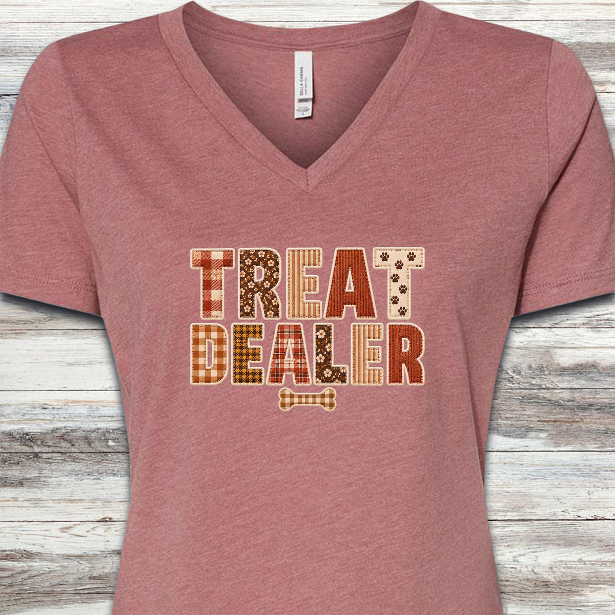 Treat Dealer Fall Faux Patchwork V-Neck Tee - Heather Mauve