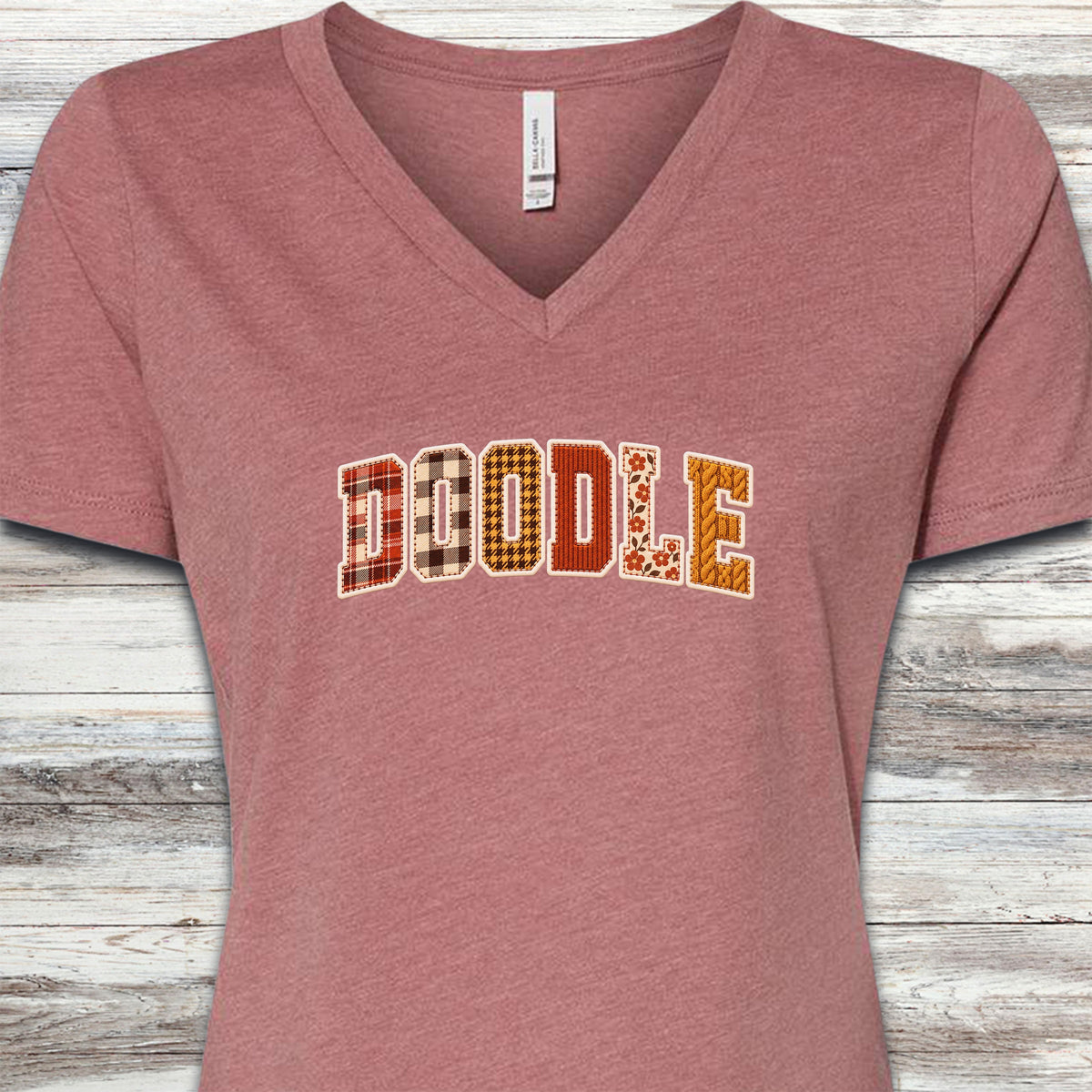 Doodle Fall Faux Patchwork V-Neck Tee - Heather Mauve