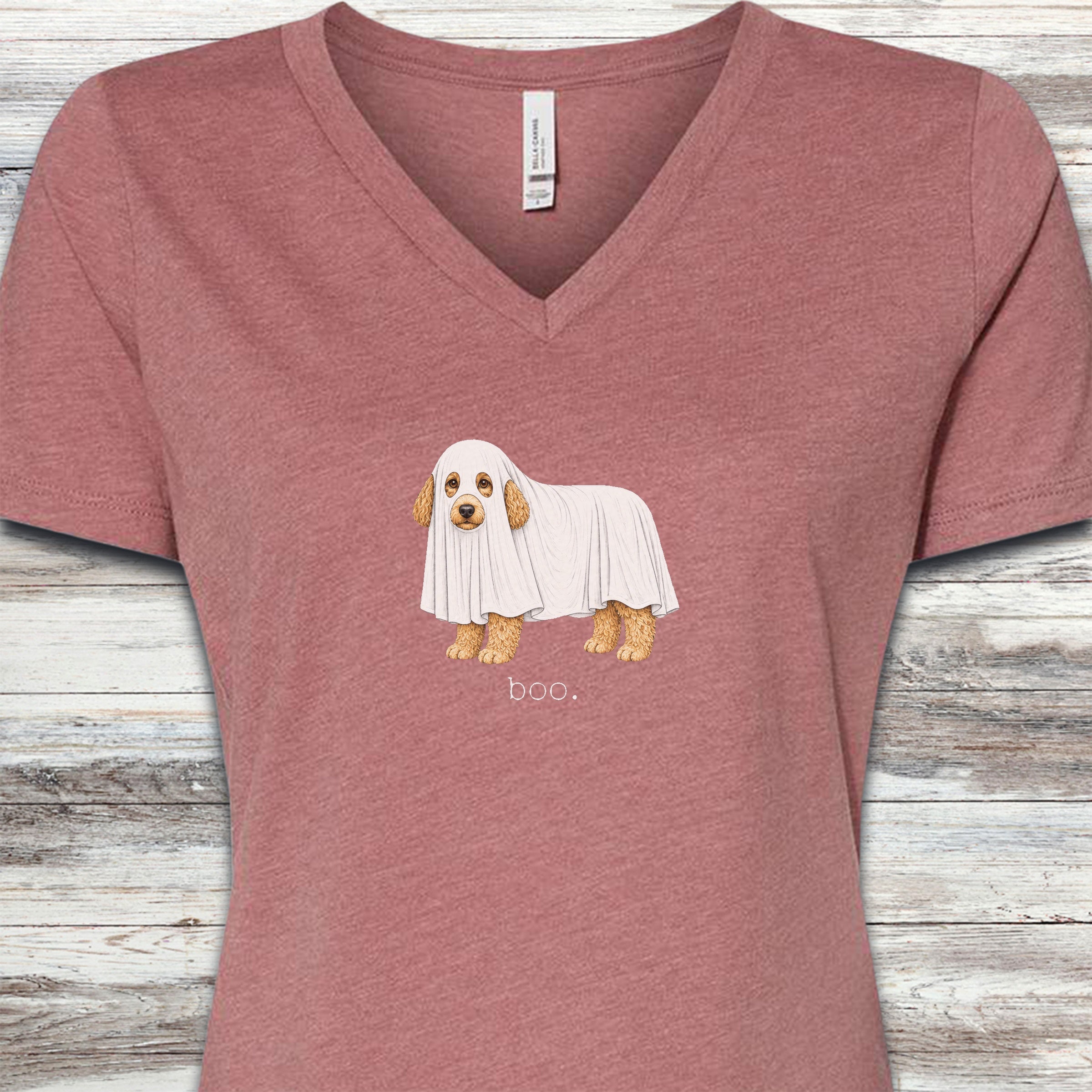 Goldendoodle Boo V-Neck Tee - Heather Mauve