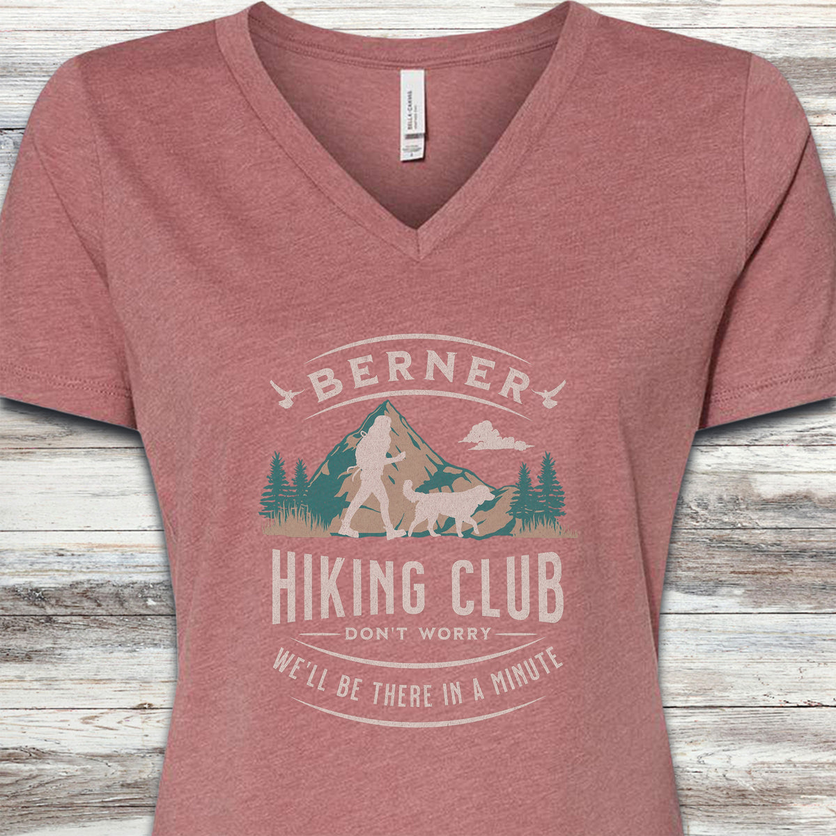 Bernese Mountain Dog Hiking Club V-Neck Tee - Heather Mauve