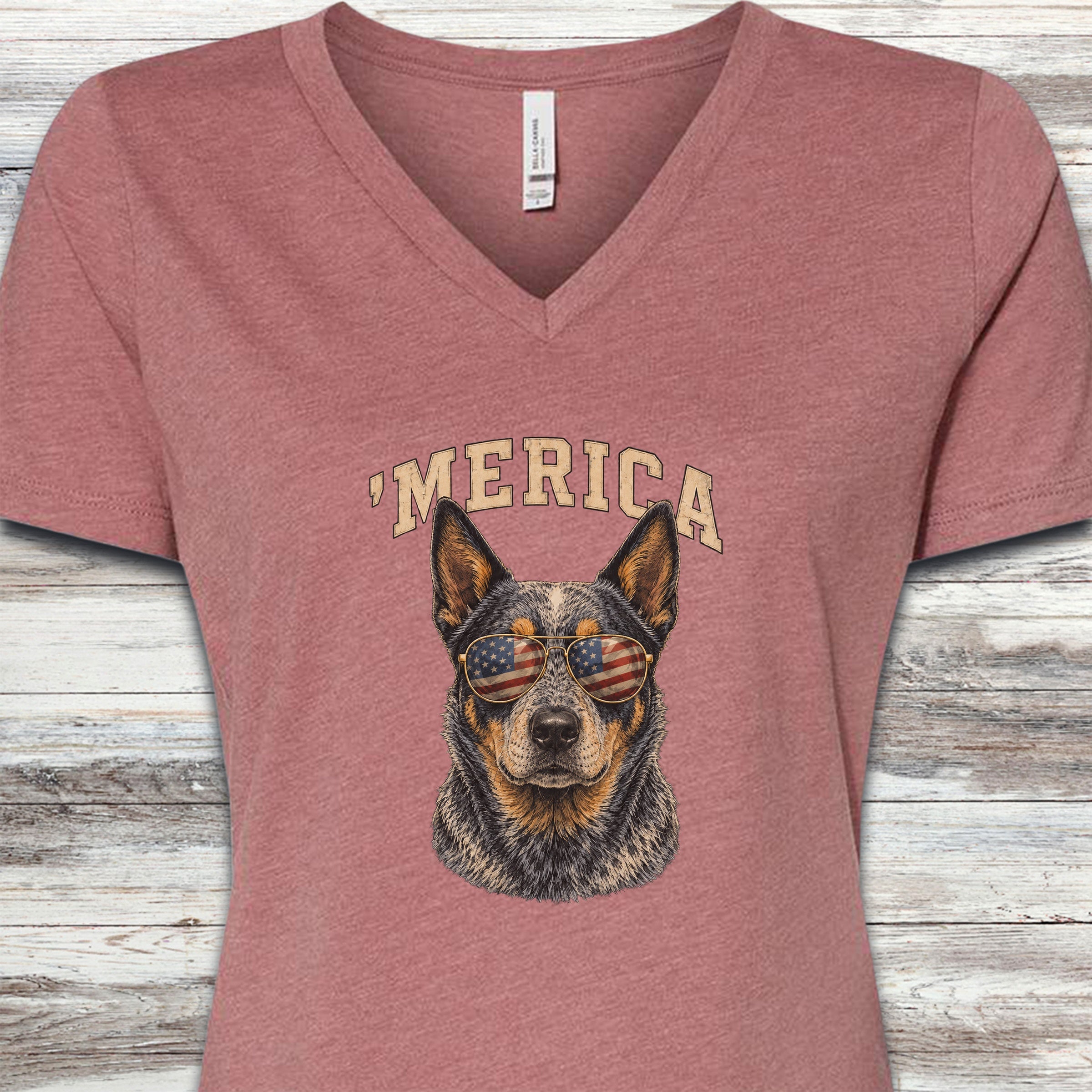 Australian Cattle Dog Blue 'Merica V-Neck Tee - Heather Mauve