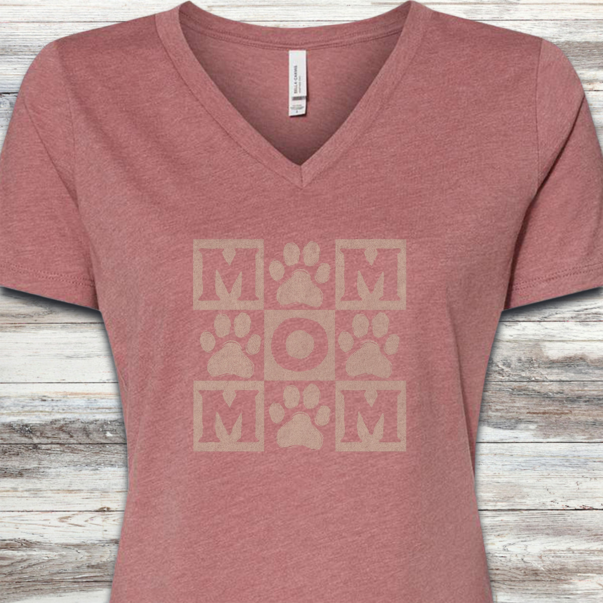 Paw Print Mom V-Neck Tee - Heather Mauve