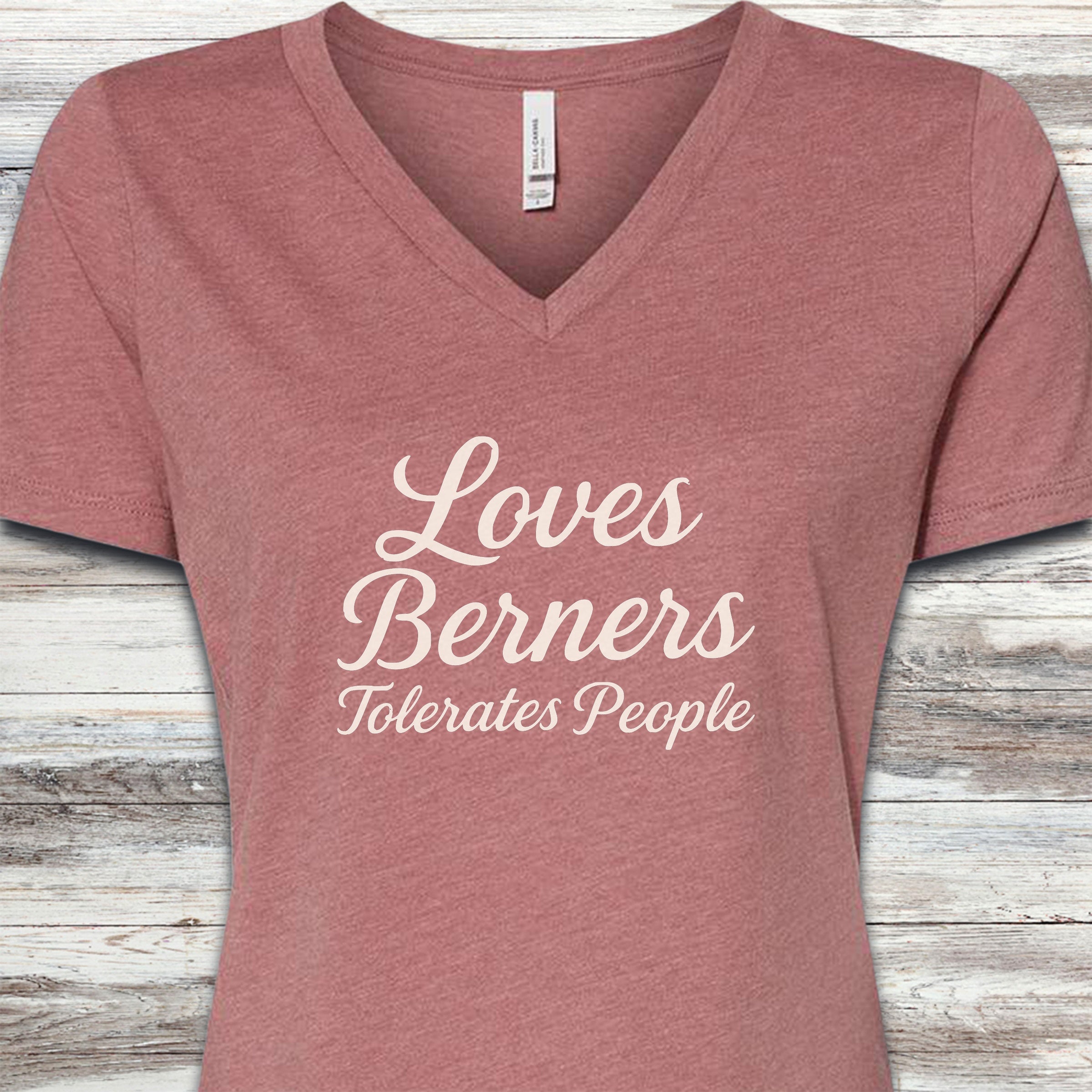 Bernese Mountain Dog Tolerates People V-Neck Tee - Heather Mauve
