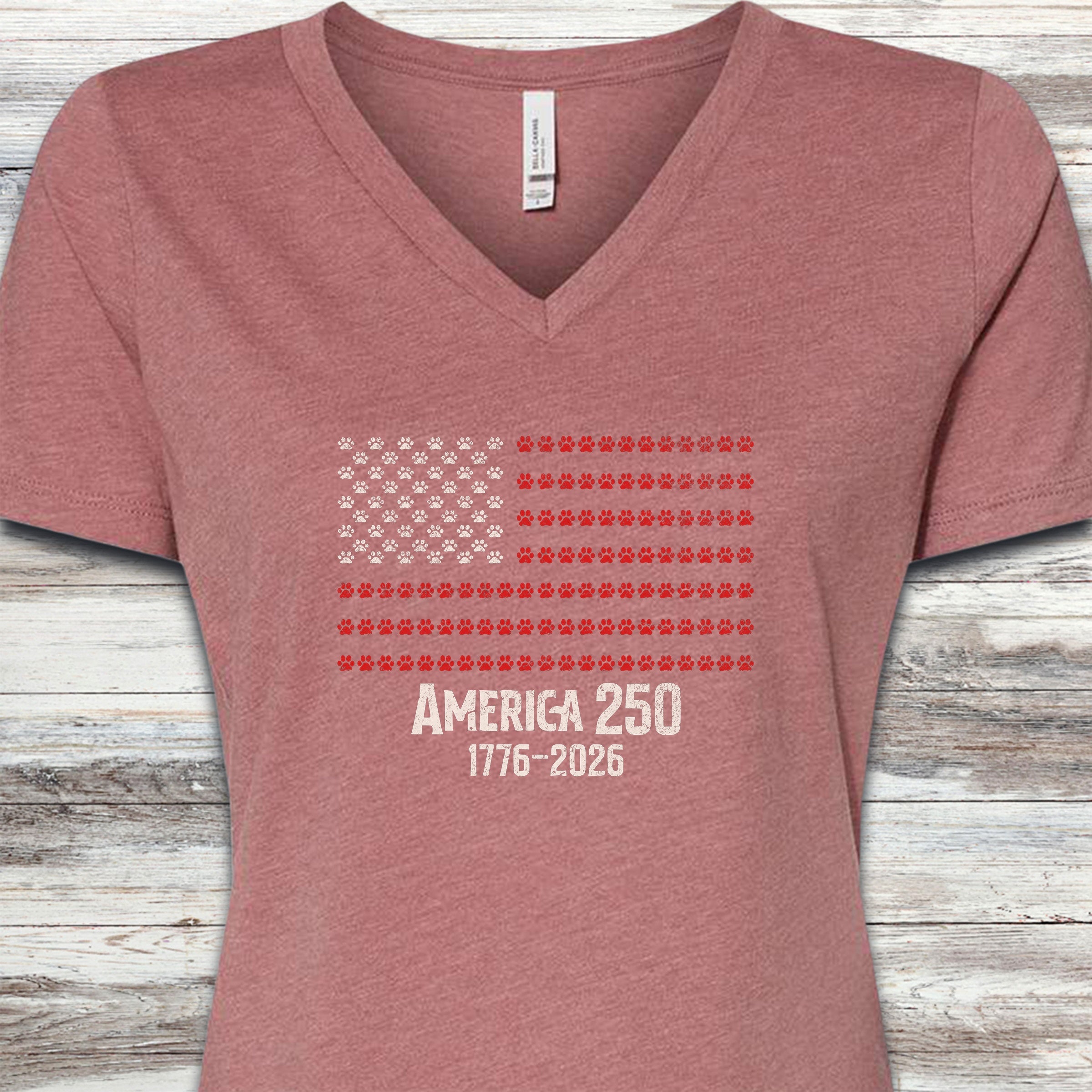 Vintage Red White & Paws 1776-2026 V-Neck Tee - Heather Mauve
