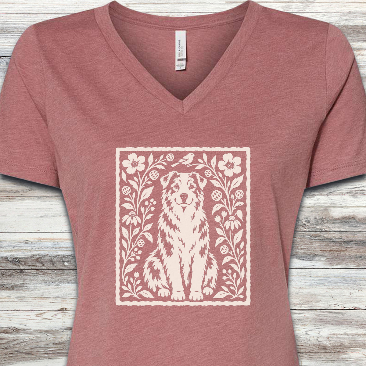 Australian Shepherd Folk Art Floral V-Neck Tee - Heather Mauve