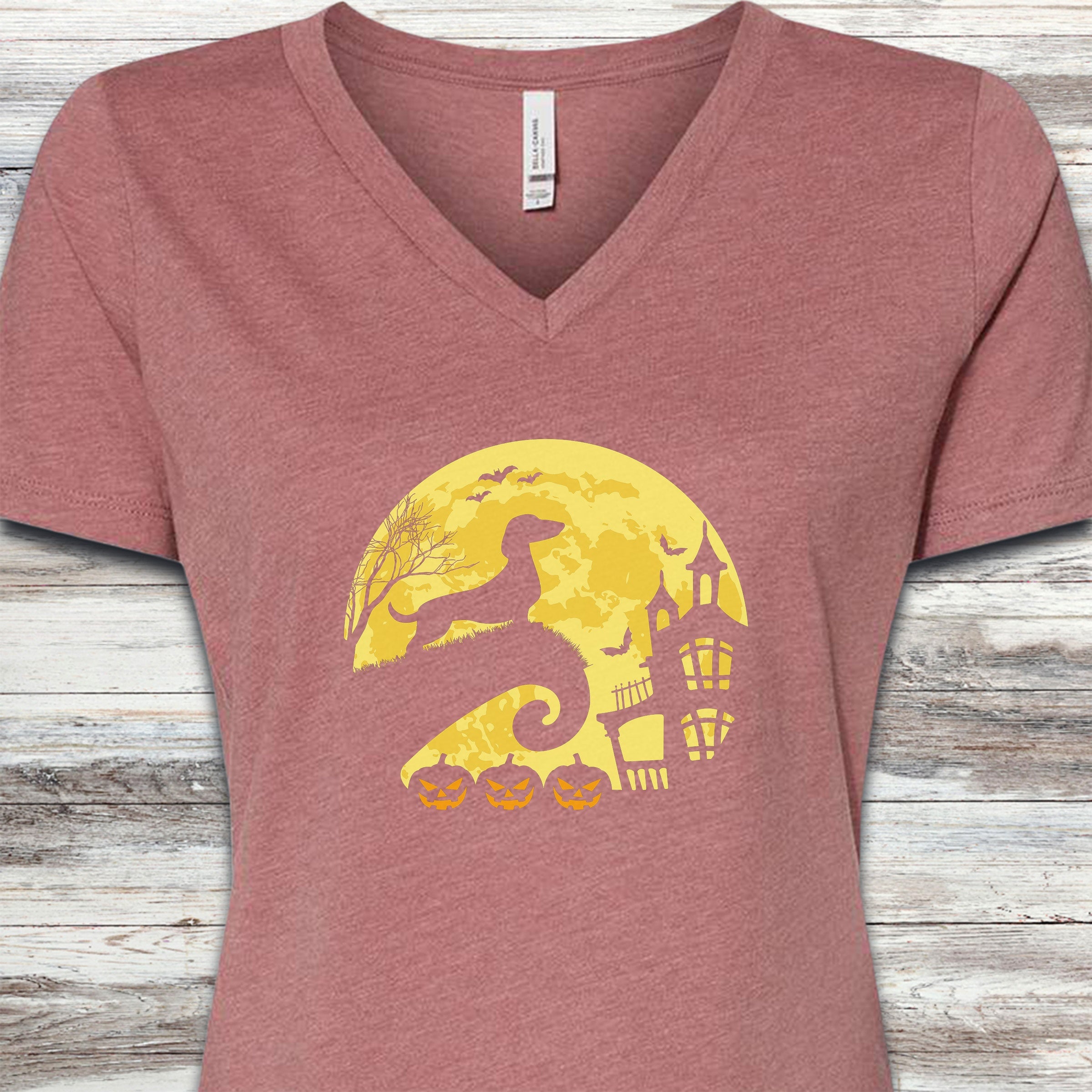 Dachshund Halloween Moon V-Neck Tee - Heather Mauve
