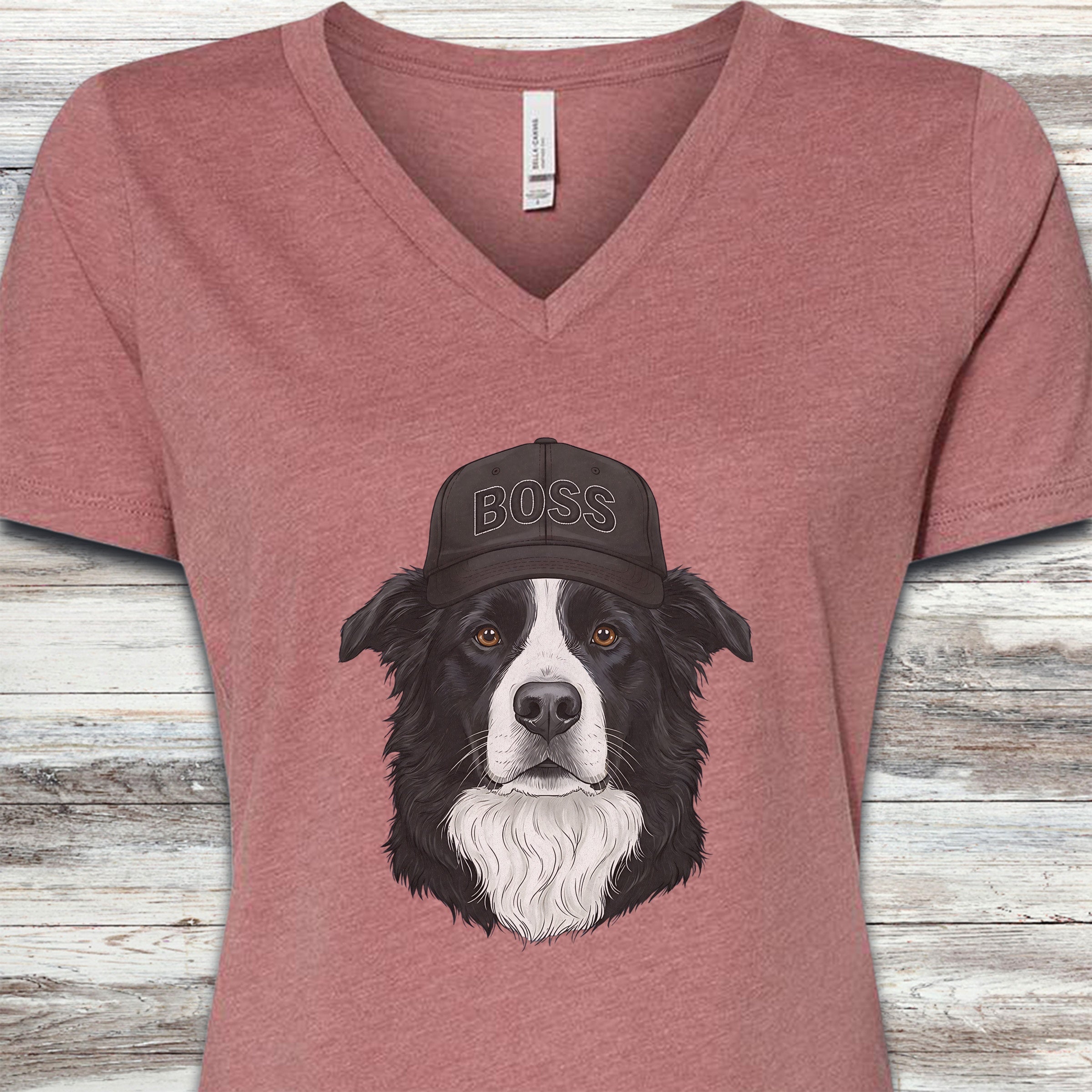 Border Collie Boss Hat V-Neck Tee - Heather Mauve