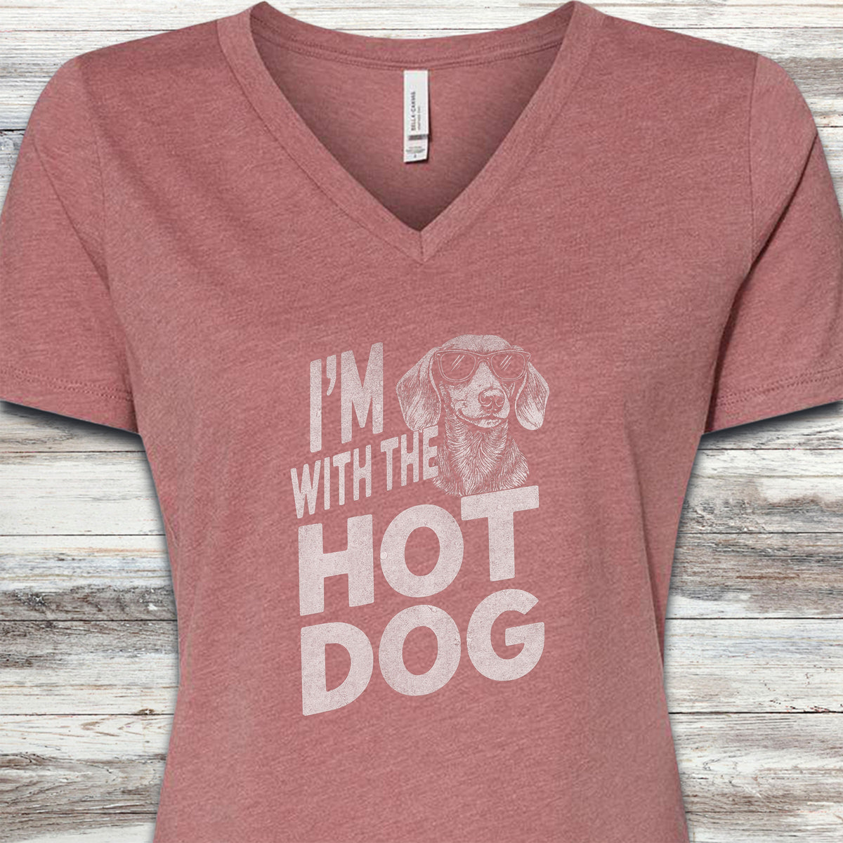 Dachshund Hot Dog V-Neck Tee - Heather Mauve