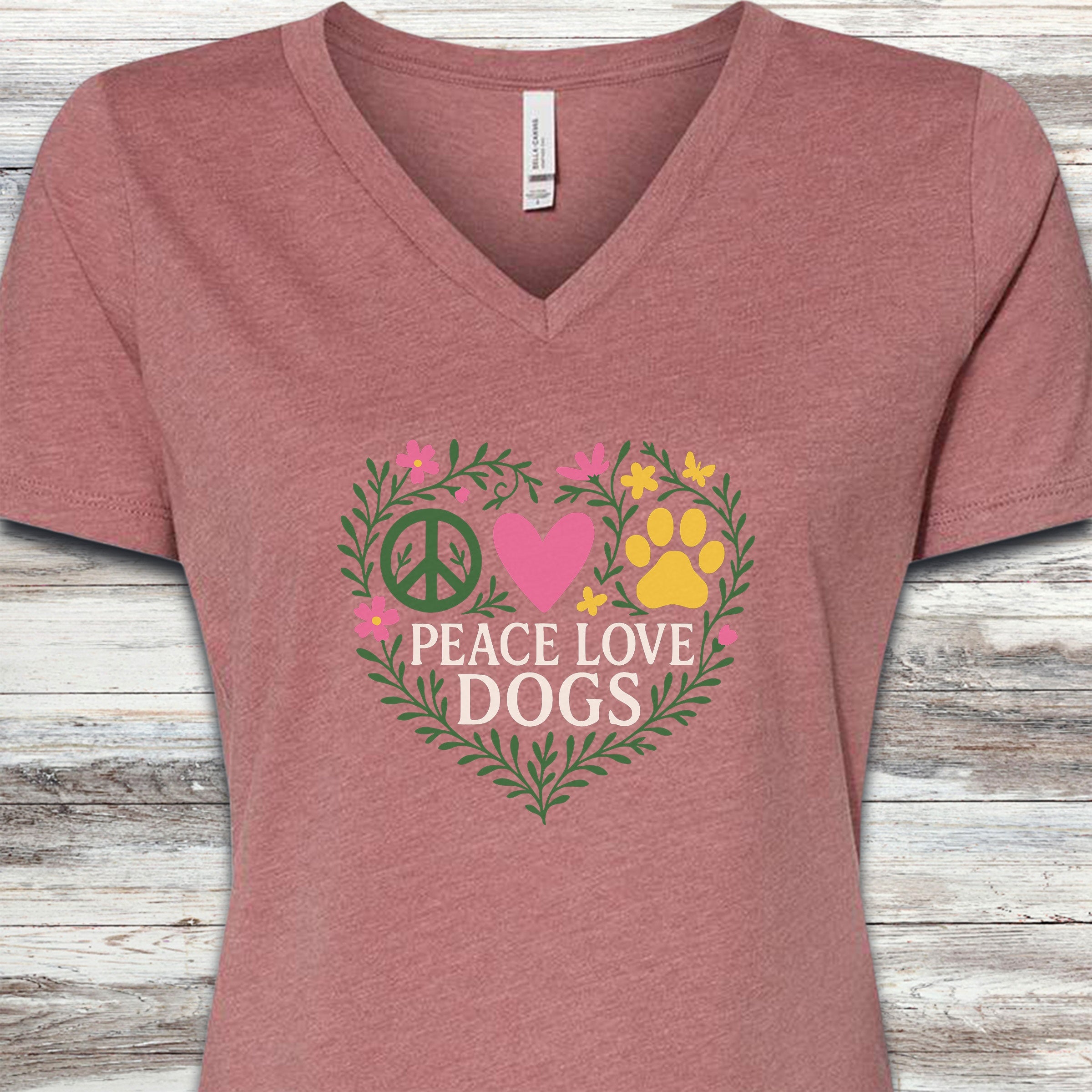 Peace Love Dogs Floral V-Neck Tee - Heather Mauve