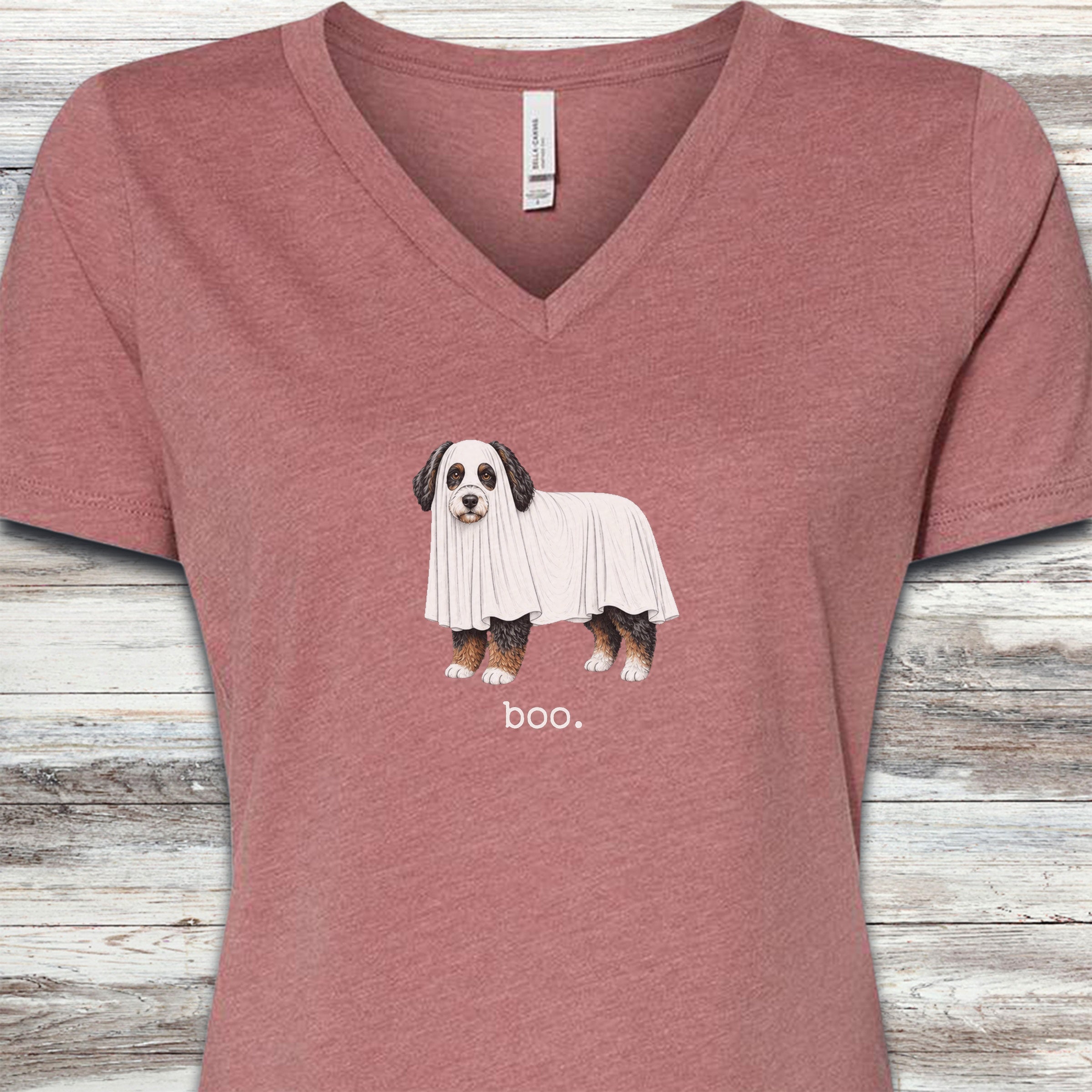 Bernedoodle Boo V-Neck Tee - Heather Mauve
