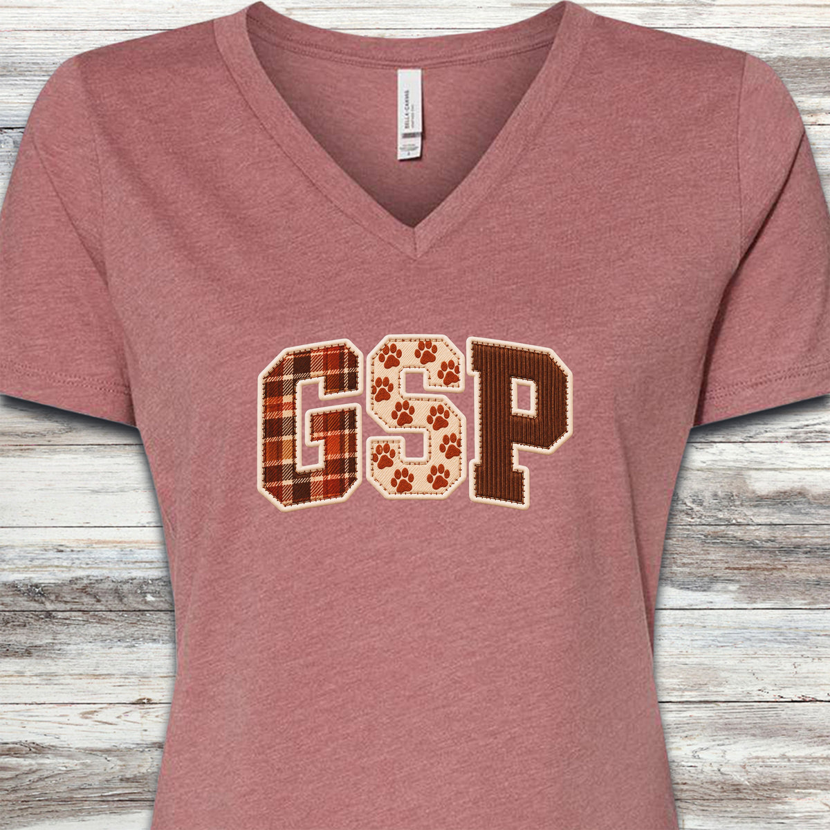 German Shorthaired Pointer Fall Faux Patchwork V-Neck Tee - Heather Mauve