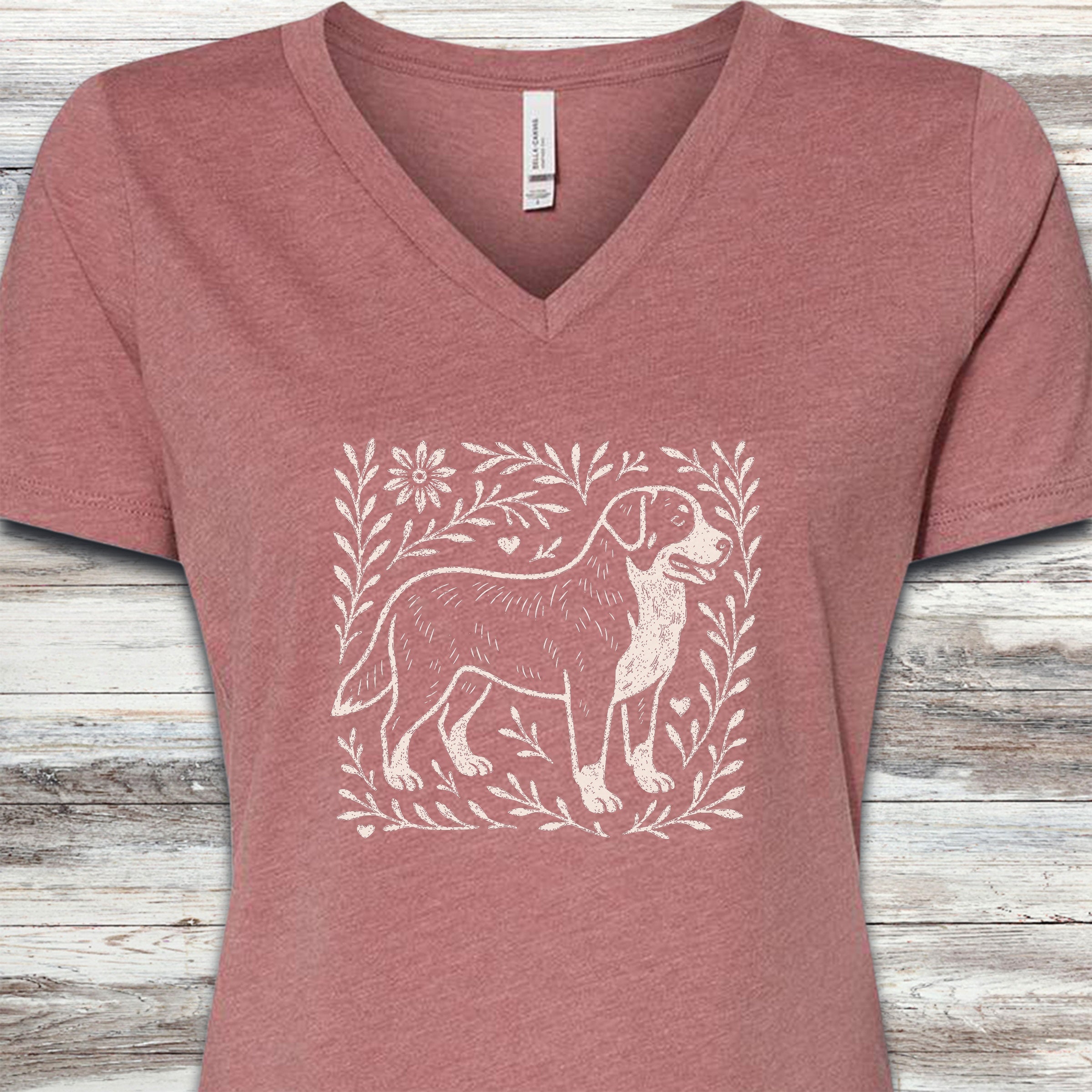 Swiss Mountain Dog Linocut V-Neck Tee - Heather Mauve