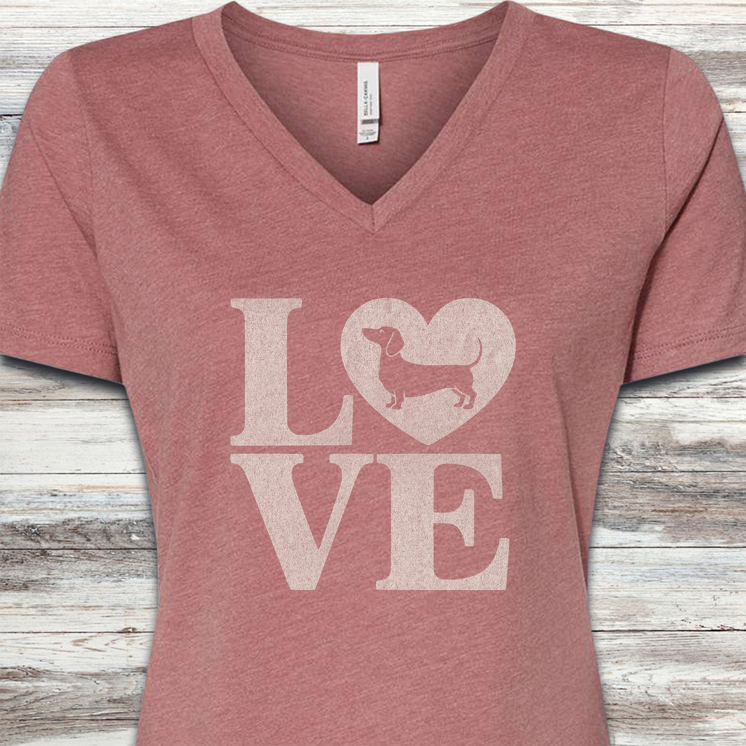 Dachshund Heart V-Neck Tee - Heather Mauve