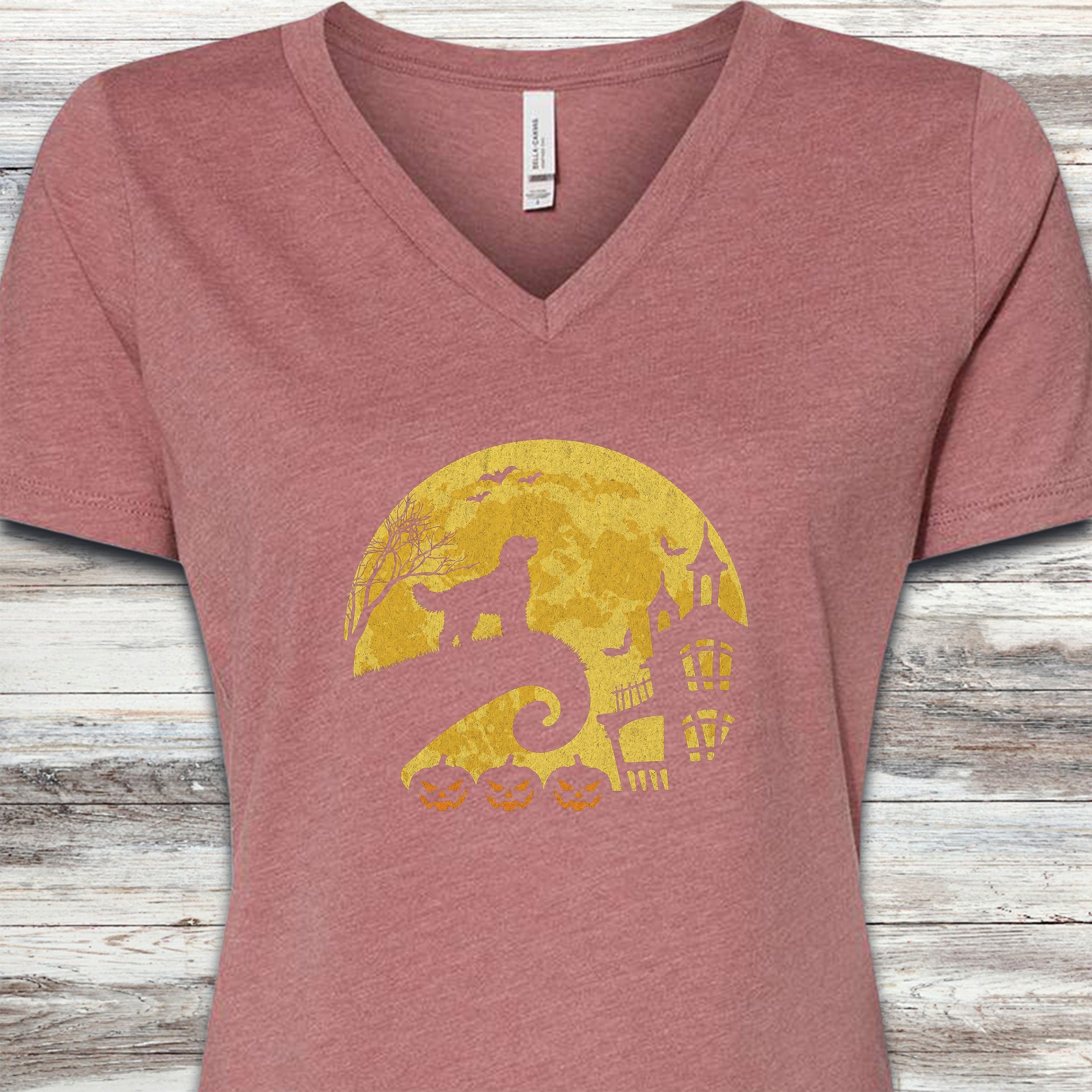 Goldendoodle Halloween Moon V-Neck Tee - Heather Mauve