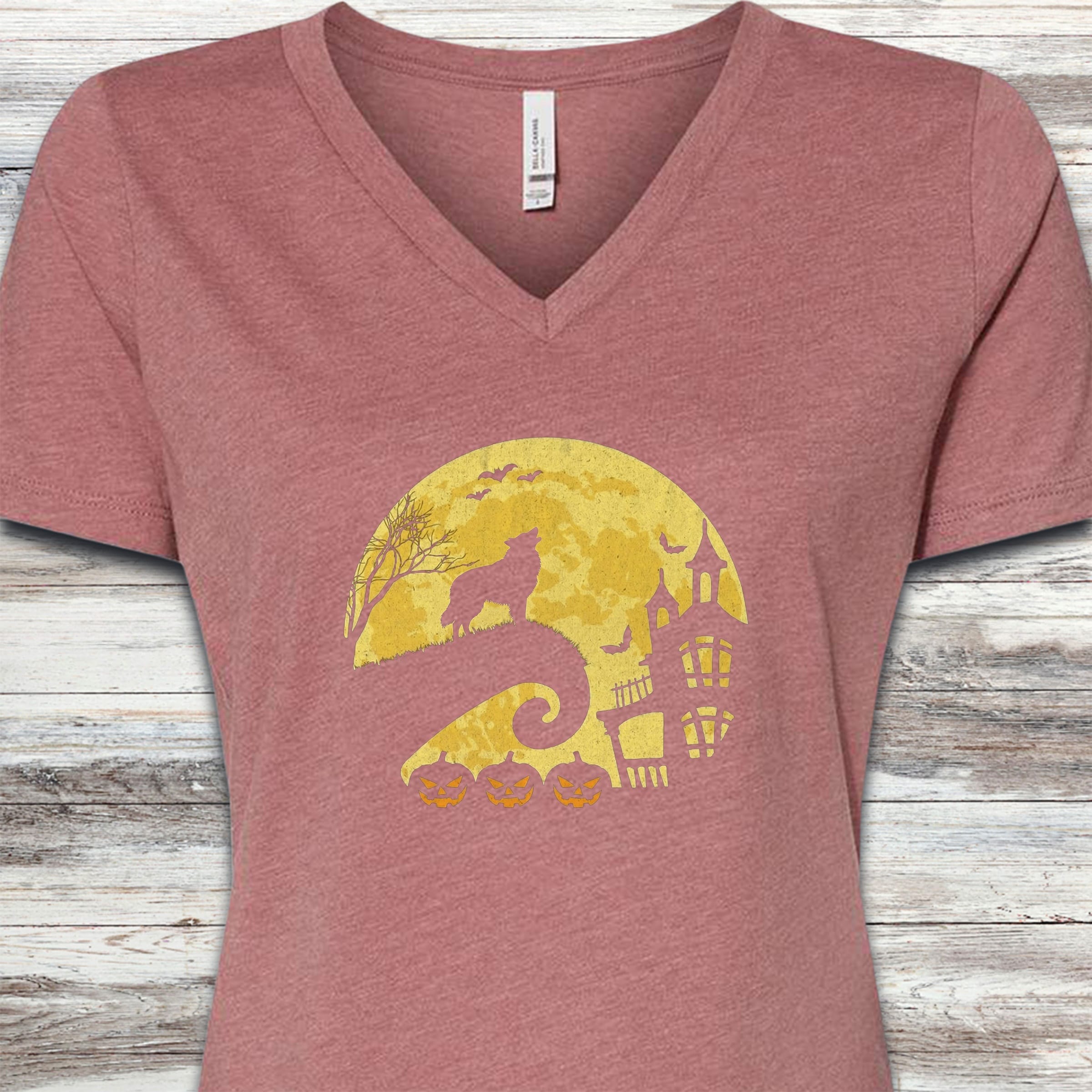 Belgian Tervuren Halloween Moon V-Neck Tee - Heather Mauve