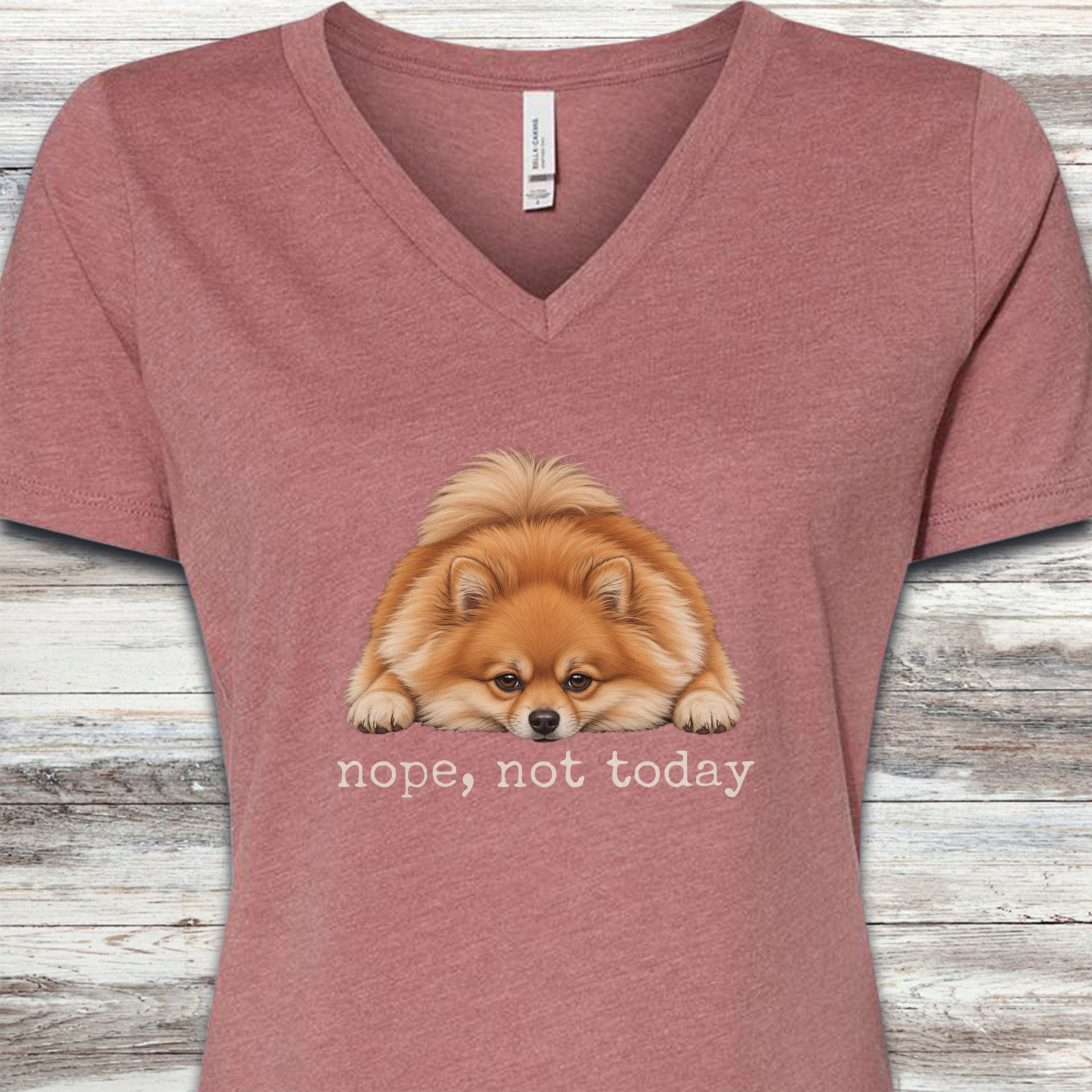 Pomeranian Nope V-Neck Tee - Heather Mauve