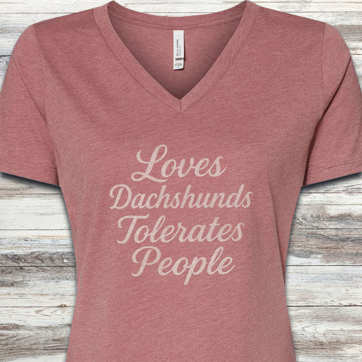 Dachshund Tolerates People V-Neck Tee - Heather Mauve