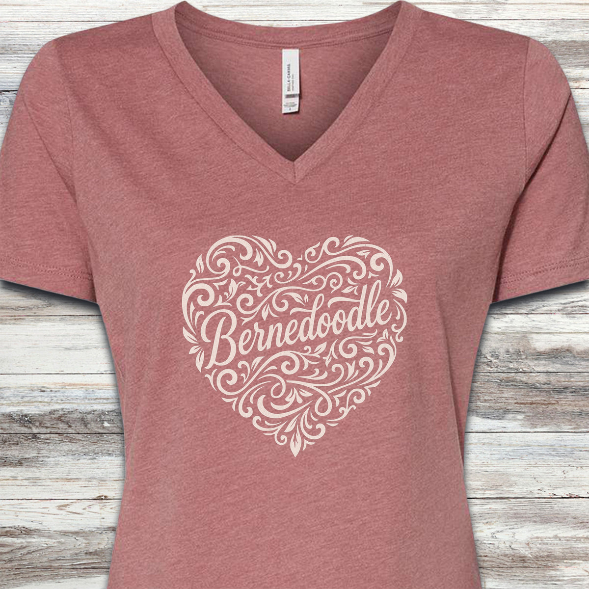 Bernedoodle Heart Script V-Neck Tee - Heather Mauve