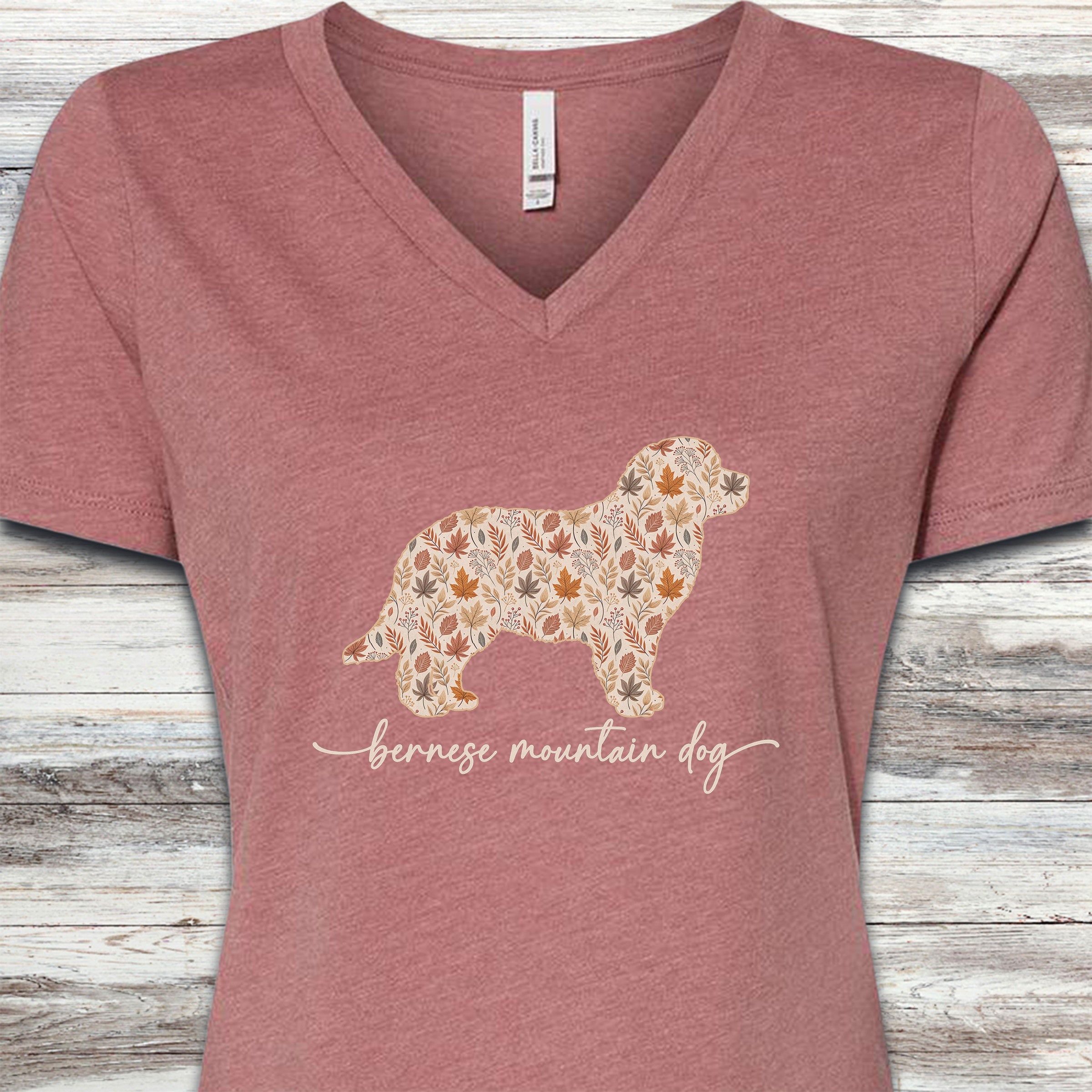 Bernese Mountain Dog Fall V-Neck Tee - Heather Mauve