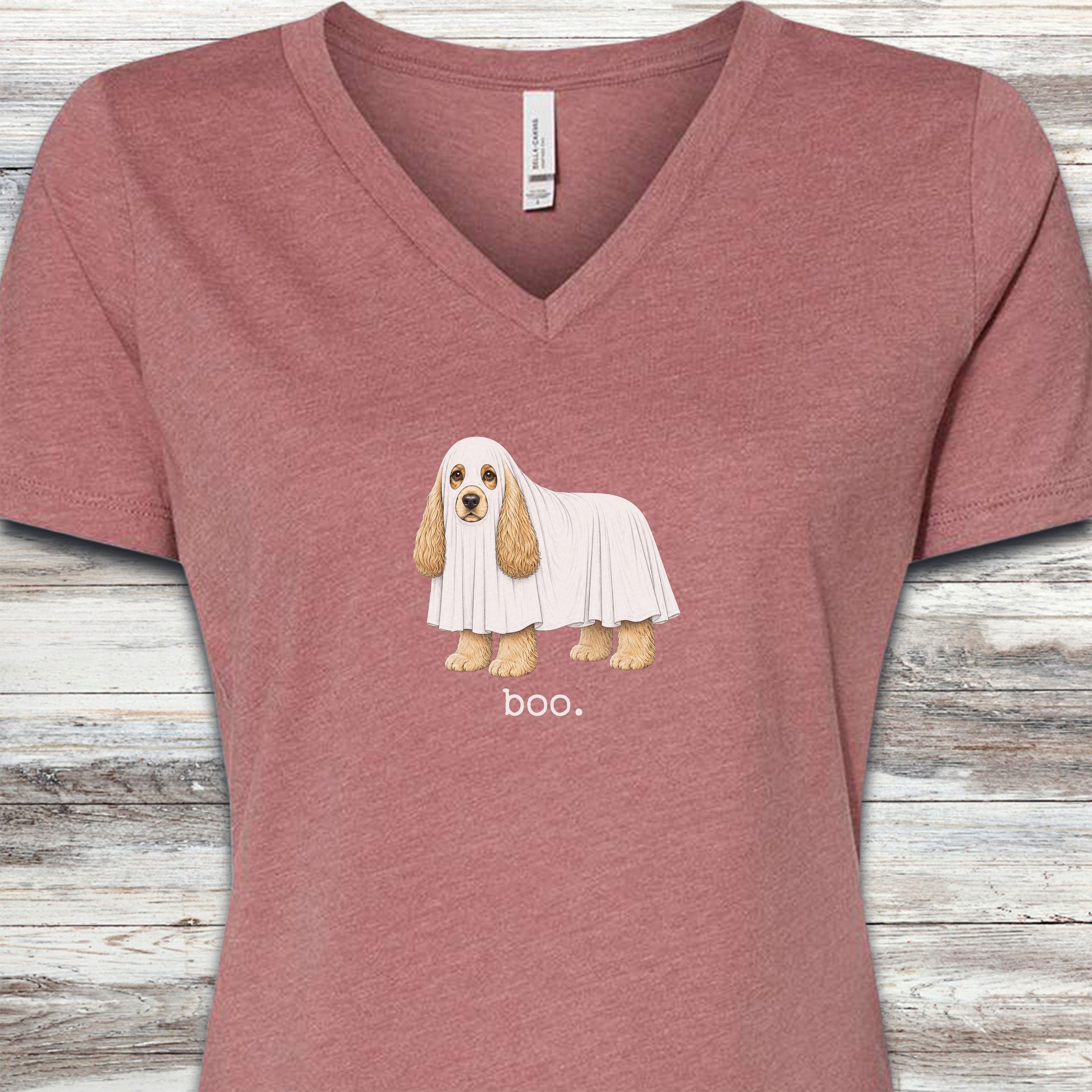 Cocker Spaniel Boo V-Neck Tee - Heather Mauve