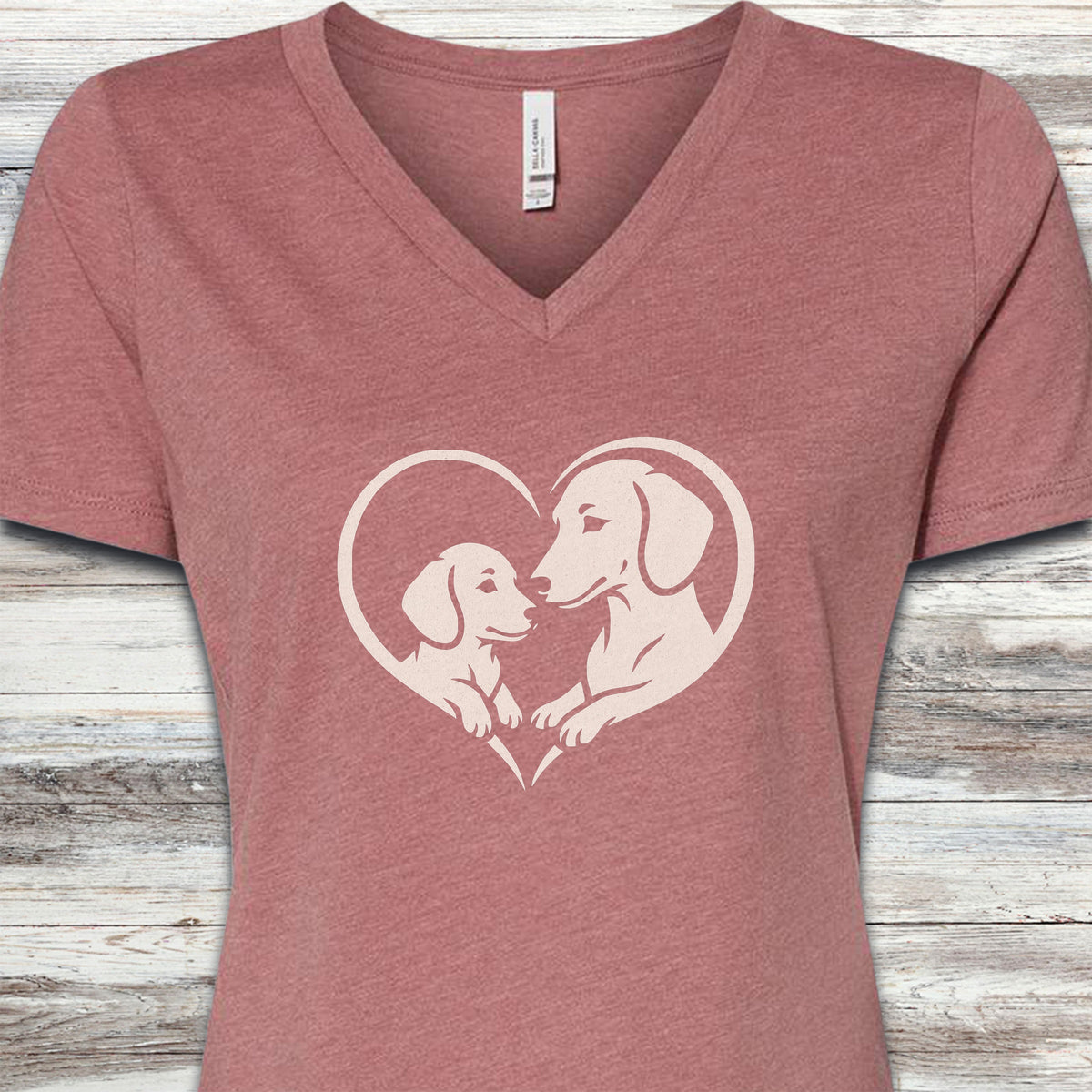 Dachshund Heart Bond V-Neck Tee - Heather Mauve