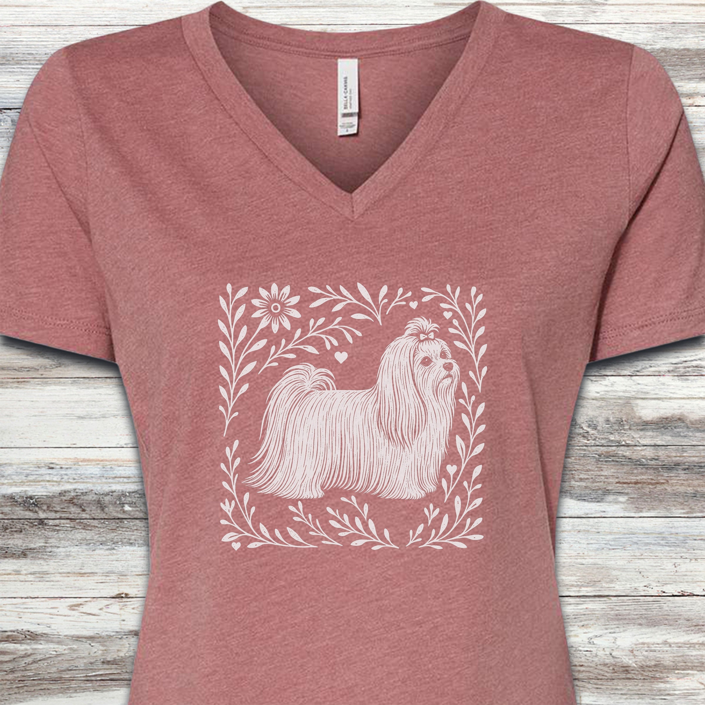 Maltese Linocut V-Neck Tee - Heather Mauve