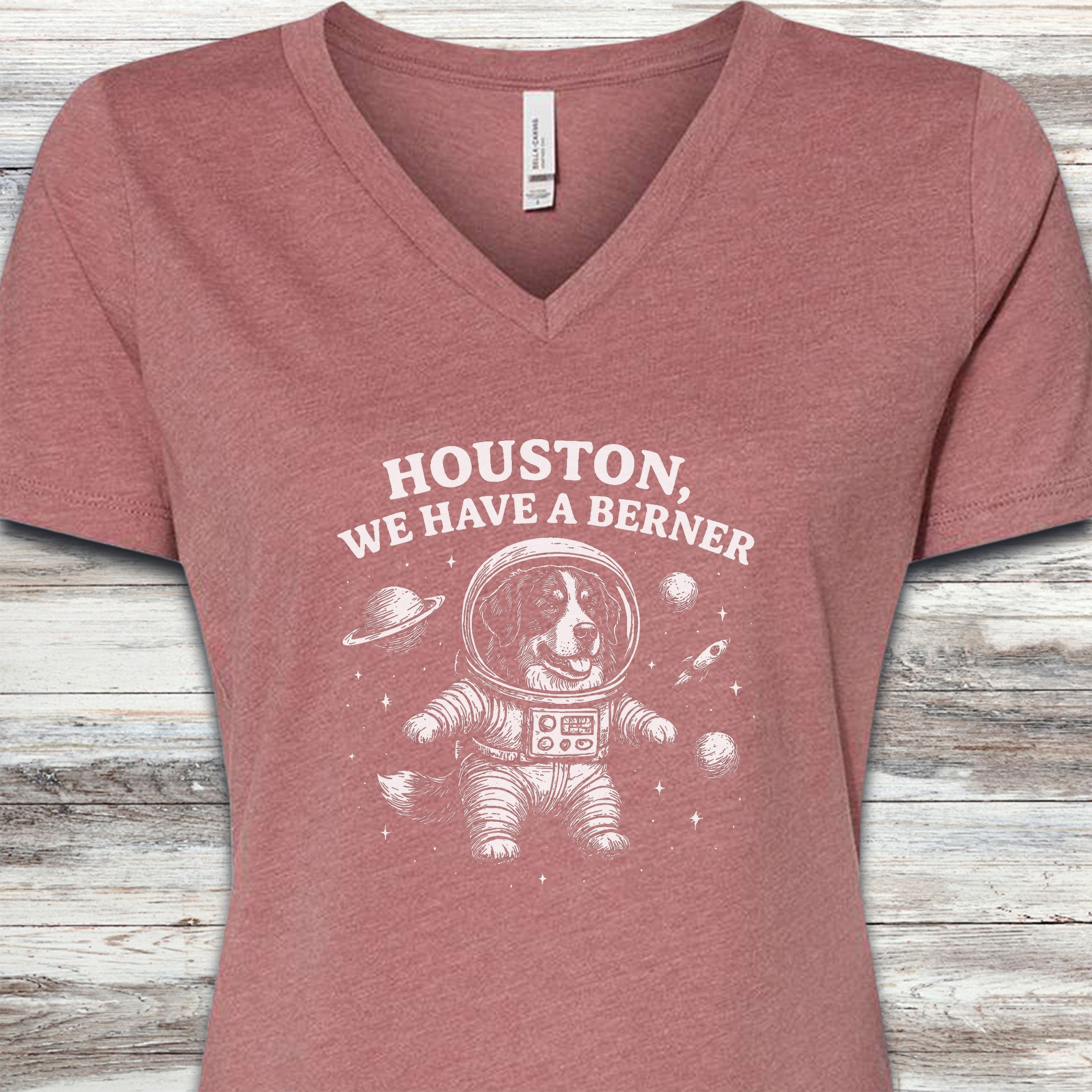 Bernese Mountain Dog Astronaut V-Neck Tee - Heather Mauve