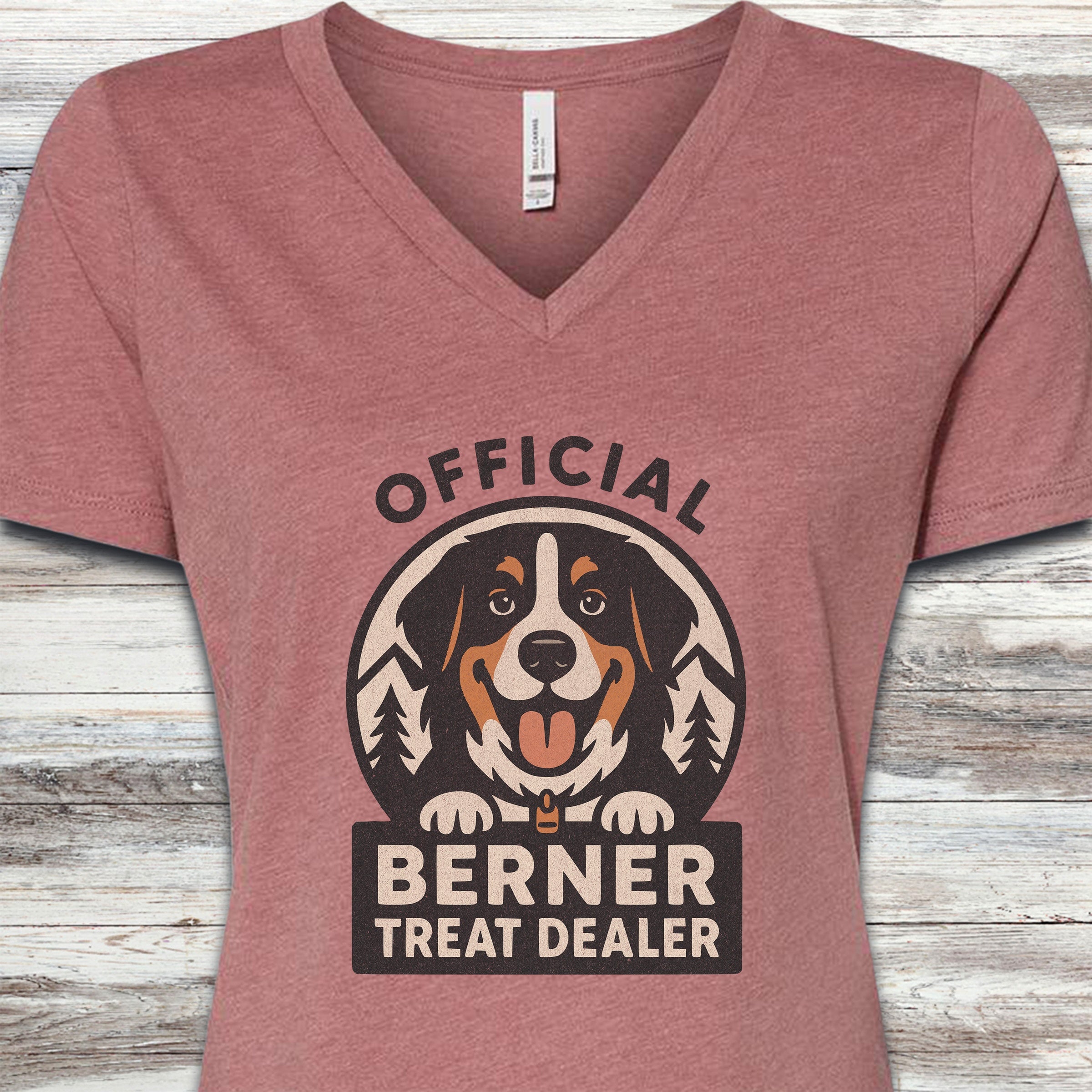 Bernese Mountain Dog Treat Dealer V-Neck Tee - Heather Mauve