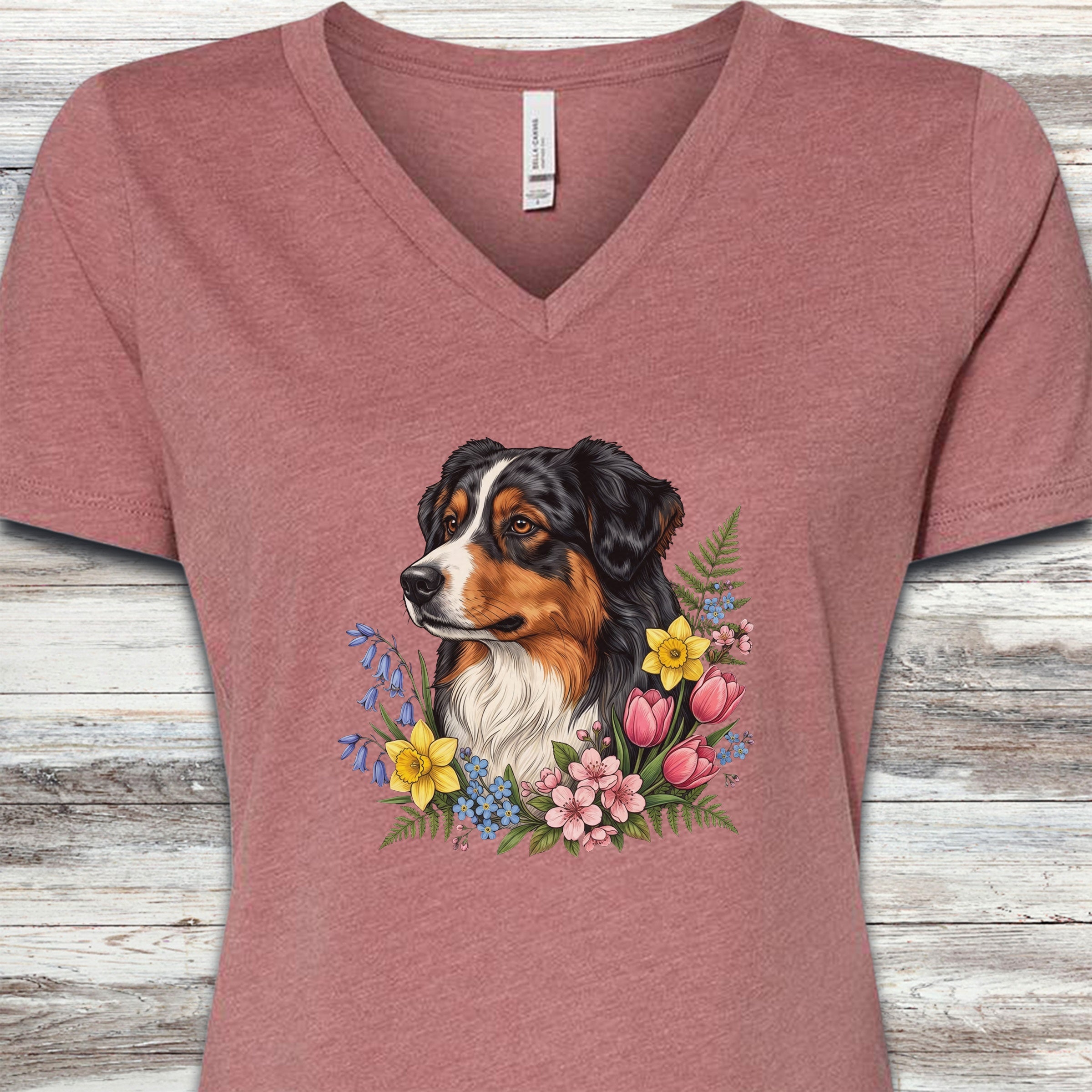 Australian Shepherd Tri Portrait V-Neck Tee - Heather Mauve