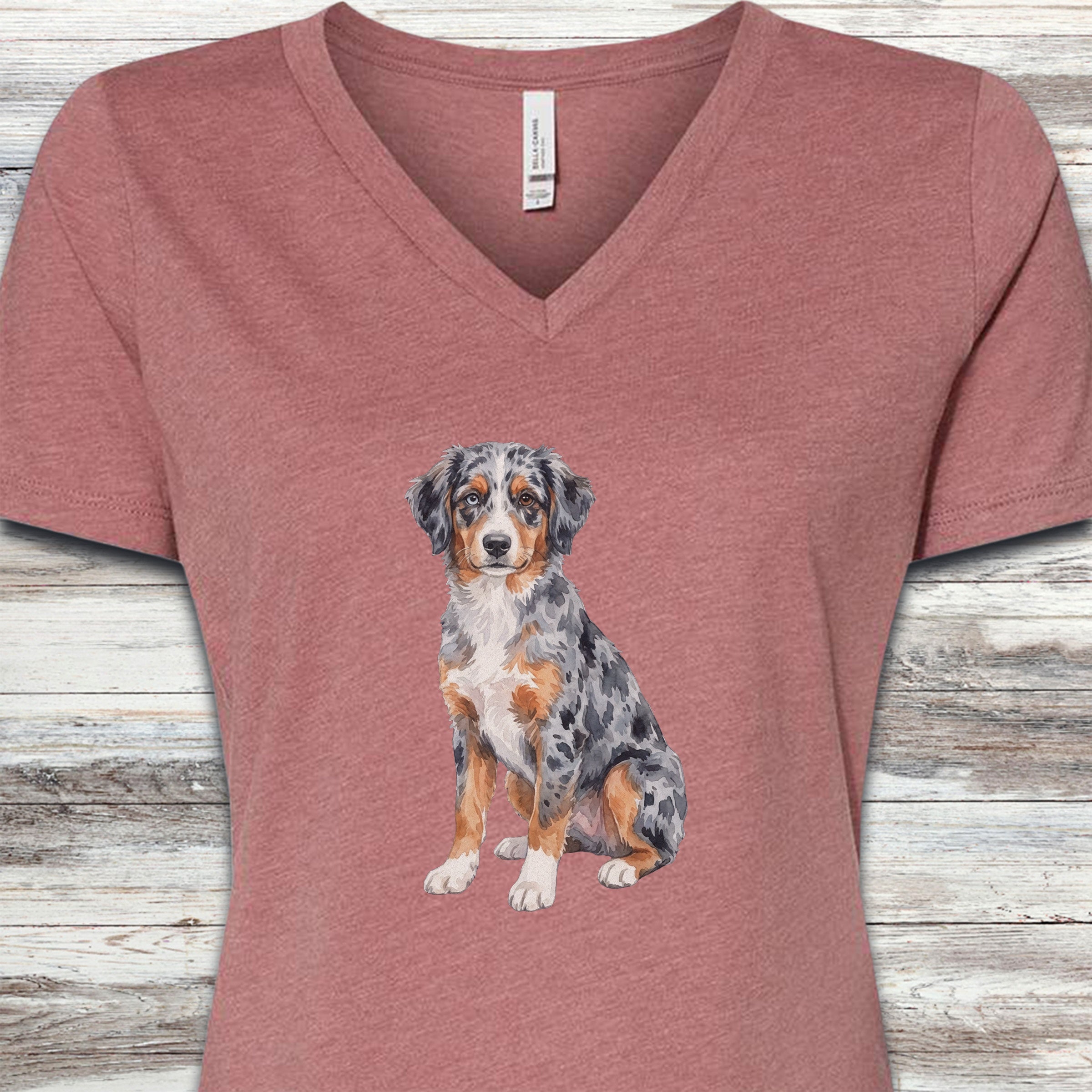 Australian Shepherd Puppy Watercolor V-Neck Tee - Heather Mauve