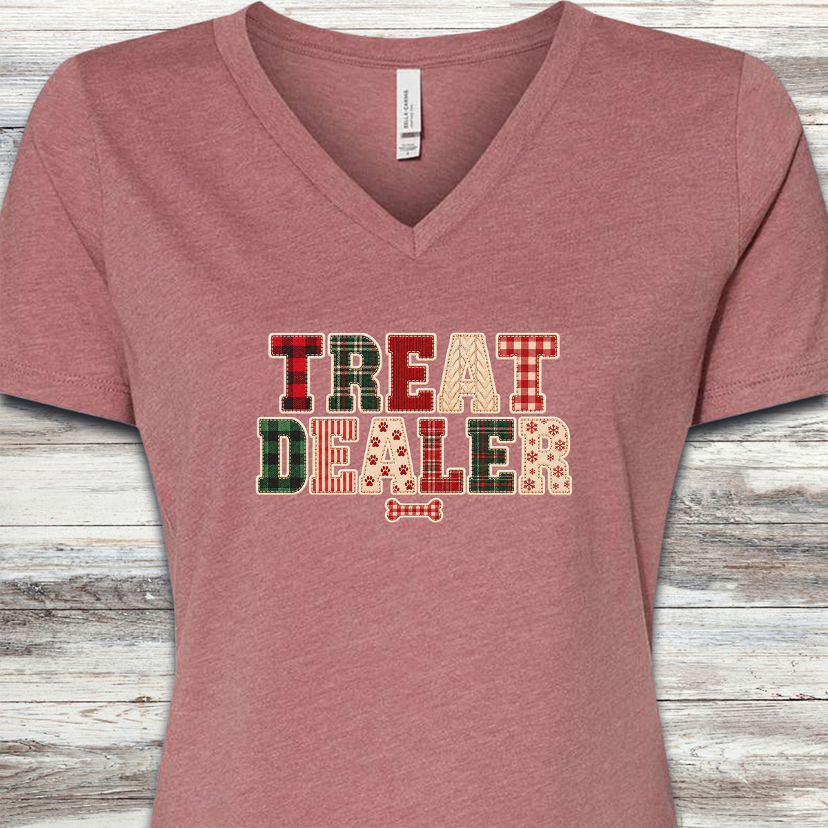 Treat Dealer Holiday Faux Patchwork V-Neck Tee - Heather Mauve