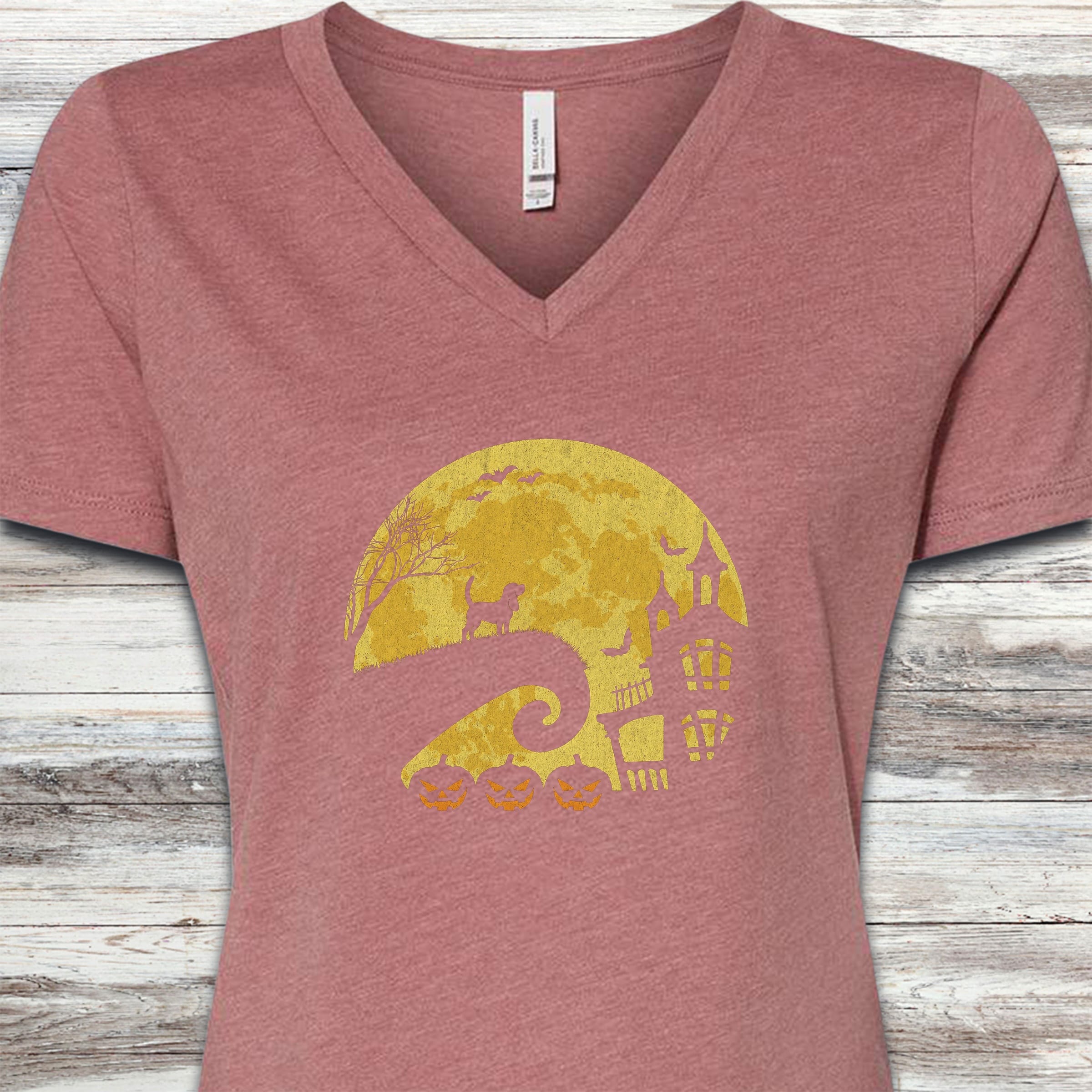 Beagle Halloween Moon V-Neck Tee - Heather Mauve