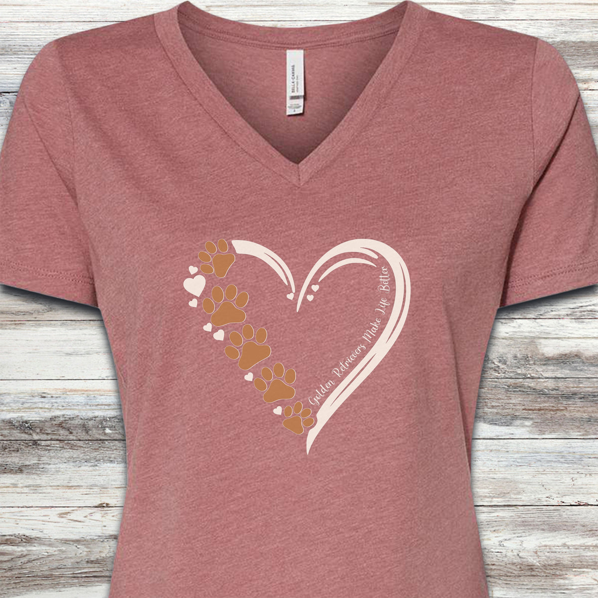 Golden Retriever Loyal Heart V-Neck Tee - Heather Mauve